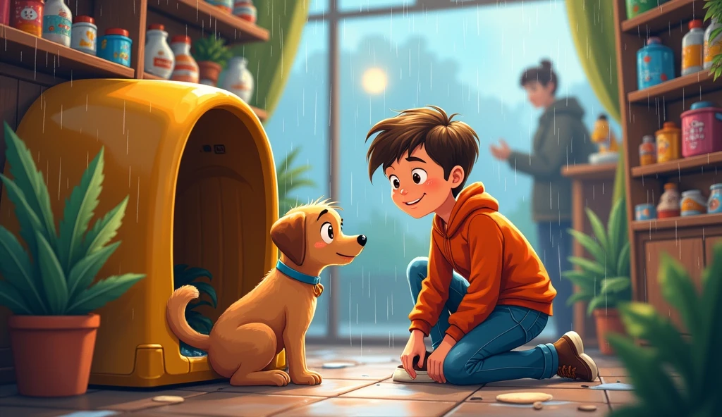 Painting of a boy playing with a dog and cat, charming digital painting, children's book illustration, illustration for children, illustration art, children's book illustration, realistic art, children's book illustration, Ultra humorous oil painting, traditional art, Stephen Dohanos, pet, realistic painting style, children's book illustration, children's book illustration, children's book illustration, Elaine Hamilton