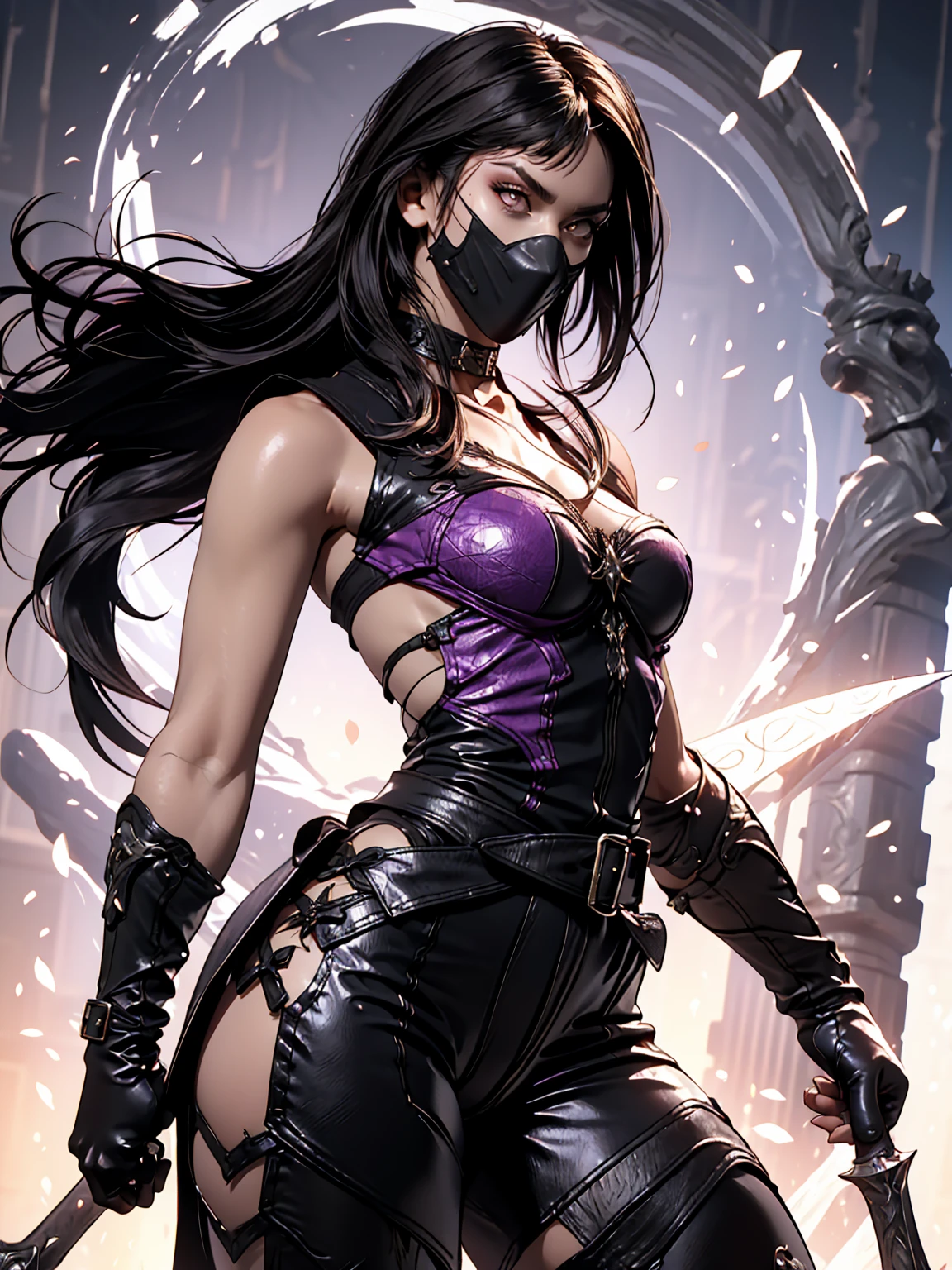 Create an ultra-detailed 8k manga illustration seductive styles of Mileena from Mortal Kombat is depicted in a seductive yet fierce outfit. She stands in profile, turning slightly to the side, accentuating her alluring curves and seductive figure. She wears a form-fitting, halter-style top in dark purple with metallic accents and cutouts, revealing her pale skin. Her tight black cross G-string bodysuit feature purple highlights that emphasize her curves, while combat boots with metallic detailing add a practical edge. Accessories include fingerless gloves, a choker, and armor plating on her hips. A cloth mask covers her mouth, adding mystery and intimidation. Her long, dark hair flows in loose waves, framing her intense, warrior-like expression, enhancing her bold, seductive appeal. She is in dynamic sexy pose, skillfully spinning her iconic sais dagger-like design with both hands.The background is stark and ominous, with a black void and swirling.