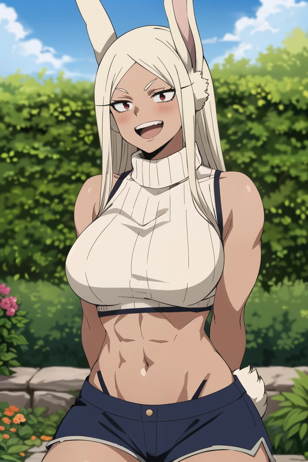 (masterpiece, best quality, ultra detailed), (perfect face, detailed face), (detailed background, complex background:1.2), full-face blush, (milf, mature female:1.4), happy, smile, open mouth
mirko, animal ears, rabbit ears, rabbit girl, (dark skin, dark-skinned female:1.3), long hair, large breasts, thighs, long eyelashes, muscular, muscular female, thick thighs, parted bangs, teeth, tail, rabbit tail,
(outdoors, garden, sitting, sweater, boku no hero academia, crop top, shorts, arms behind back)