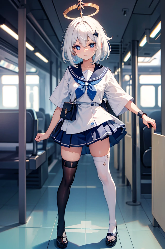 a solo boy,sexy boy ,trap ,paimon gi, single thighhigh, thighhighs, halo, , hair between eyes ,white hair,medium breast,wearing a japan short sleeve sailor high-school uniform , short blue skirt ,bike shorts, shorts under skirt, with black stockting, blue eye,eye makeup, red face,emblassing,shy , smile , standing sexy pose ,in a passenger train full body.