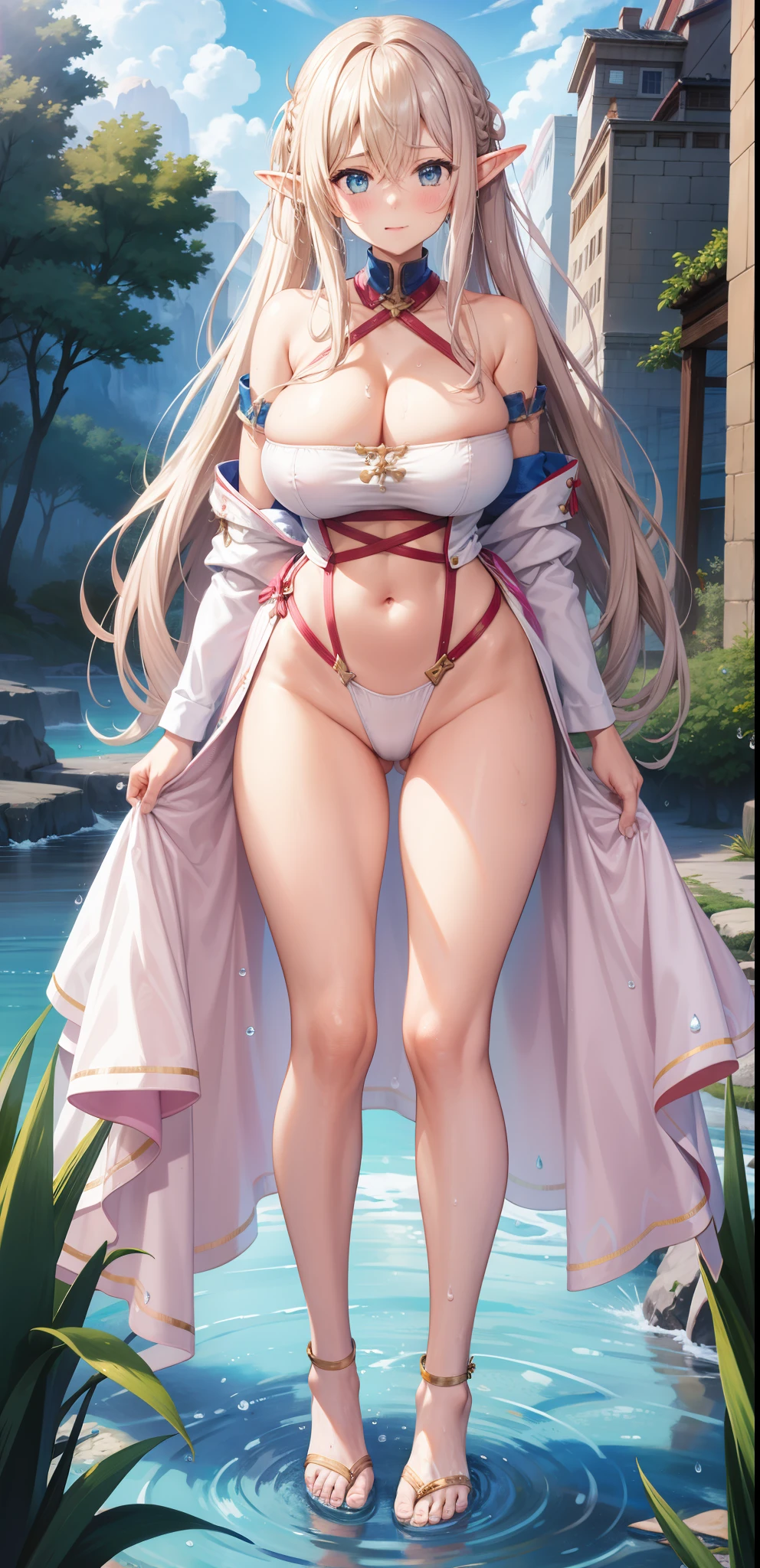 wife，  big breasts  ， bare torso ,    white pink long hair，Elf ears，outcrop，纹胸，Big thighs ，Wet，Water Drops。Aho