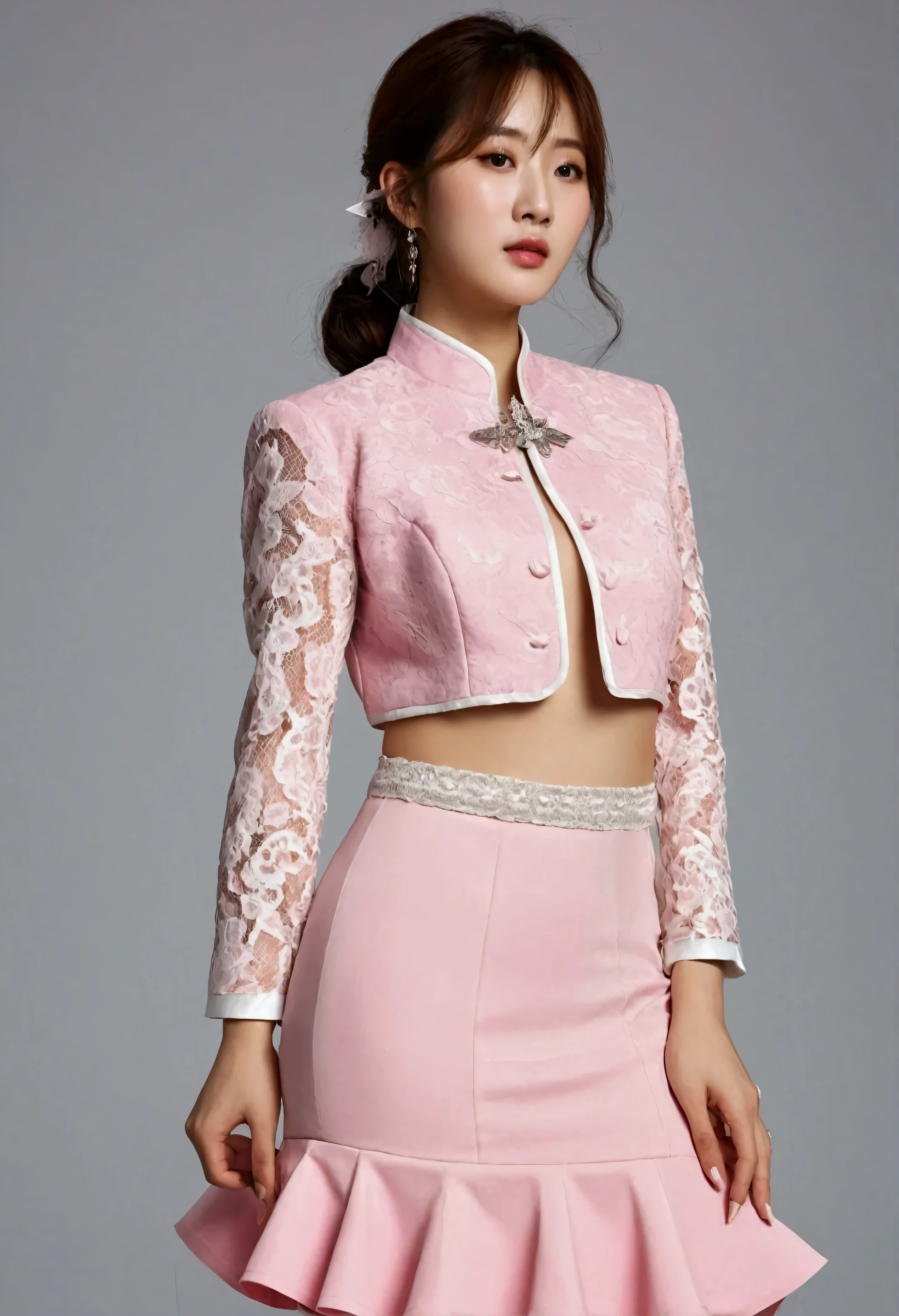 A Korean man is wearing a ladies' skirt suit, a beautiful skirt suit, he is a crossdresser, he has big breasts on his chest like a woman's, his face is very masculine, his hair is masculine short, pink and white, frills and lace. Decoration, lady's dress, two-piece, cropped jacket, small jacket, round neck jacket, China collar jacket, mermaid dress