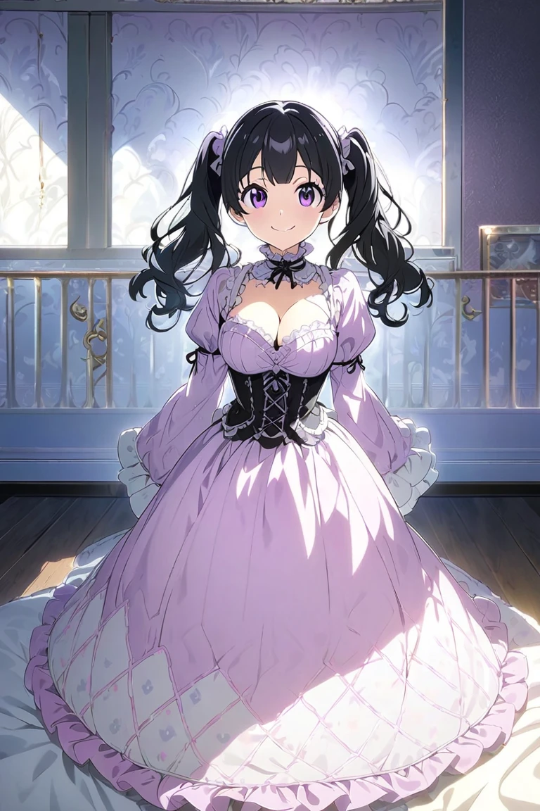 Highest quality, masterpiece, Highest Resolution, romantic,woman, ((10 years old)),The girl is a princess,((Dark pink satin fabric)),Dark pink victorian dress, ((Gorgeous princess rococo ball gown dress with voluminous full-length hoop skirt)),Long sleeve,Long dress,A dress with lots of ruffles and ribbons...,luxury,((Palace Bedroom)),((Huge Victorian canopy bed)), (Large ruffled silk pink curtains),Long Hair,Princess、Sitting on the floor、The Fouquet skirt opens wide、As beautiful as a flower in full bloom。