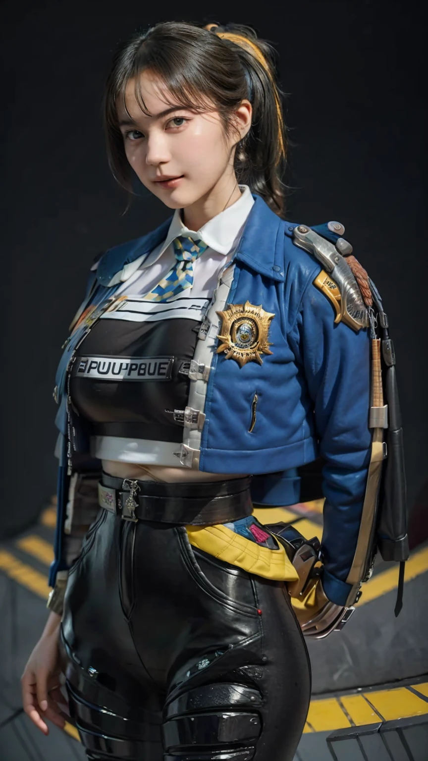  high ponytail with ribbon,  streaked hair ,
 blue jacket , black pants ,Police uniform,
 high definition , Official Art , original ,masterpiece, top quality,
(huge breast, thin waist, wide hip, thighs thighs),
