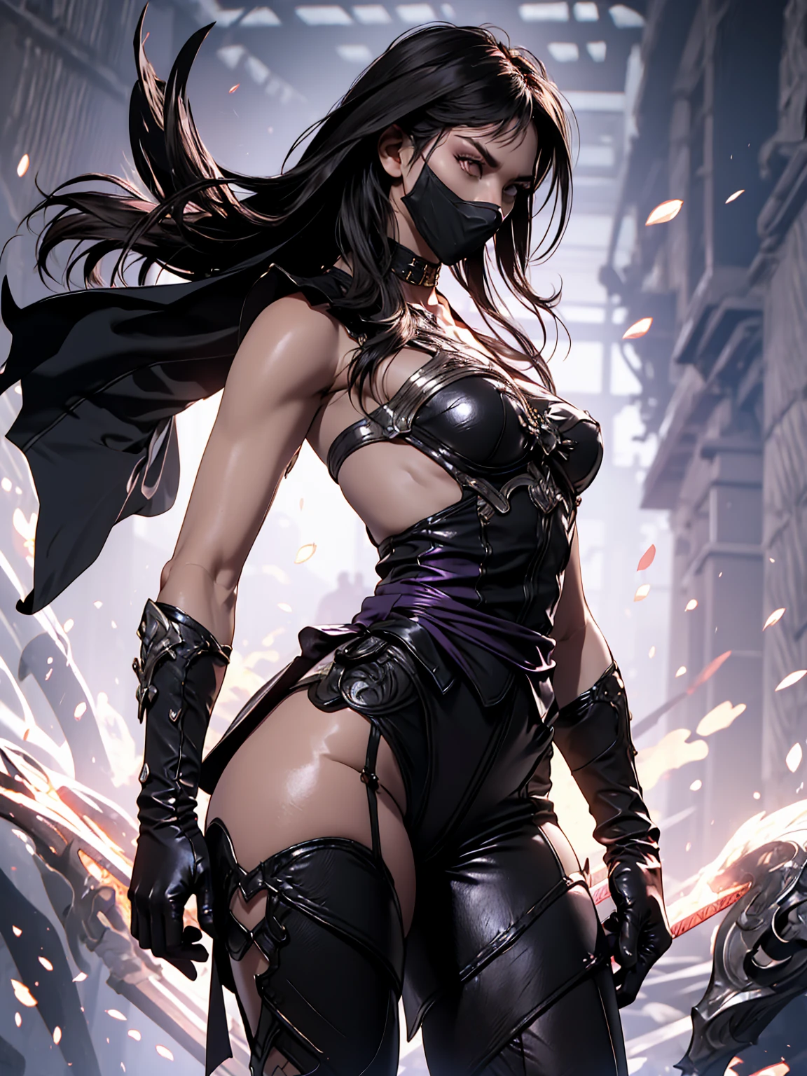 Create an ultra-detailed 8k manga illustration seductive styles of Mileena from Mortal Kombat is depicted in a seductive yet fierce outfit. She stands in profile, turning slightly to the side, accentuating her alluring curves and seductive figure. She wears a form-fitting, halter-style top in dark purple with metallic accents and cutouts, revealing her pale skin. Her tight black cross G-string bodysuit feature purple highlights that emphasize her curves, while combat boots with metallic detailing add a practical edge. Accessories include fingerless gloves, a choker, and armor plating on her hips. A cloth mask covers her mouth, adding mystery and intimidation. Her long, dark hair flows in loose waves, framing her intense, warrior-like expression, enhancing her bold, seductive appeal. She is in dynamic sexy pose, skillfully spinning her iconic sais dagger-like design with both hands.The background is stark and ominous, with a black void and swirling.
