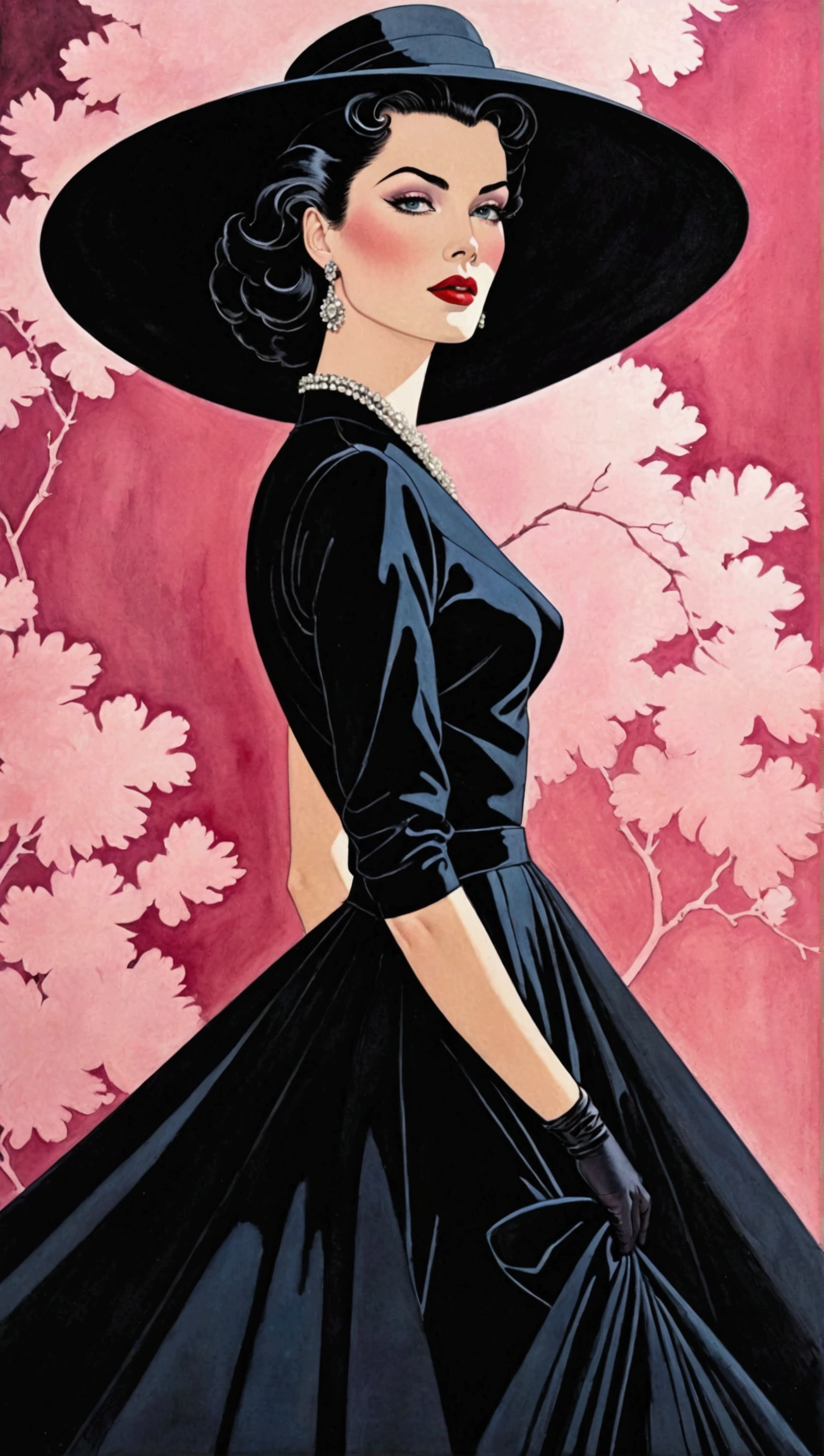 Create a stunning masterpiece depicting a woman in 1950s style, wearing a flowing, very long dress that exudes a dreamy and magical aura. She should have glamorous makeup, including striking red lipstick, and wear a wide-brimmed black hat. The character should embody an ethereal quality reminiscent of Lady Dimitrescu, with a pale complexion that contrasts against a soft colorful background. 

The artwork should reflect the distinctive style of Patrick Nagel, showcasing beautiful, highly detailed painting techniques. Pay special attention to the intricate slopes of the dress, the detailed features of her face, and the captivating depth of her eyes. Capture the essence of a modest model shoot with professional photography quality, blending elements of synthwave and androgyny. The final image should be in 8K resolution, conveying high quality and award-winning artistry, with a focus on short hair that adds to her unique charm.