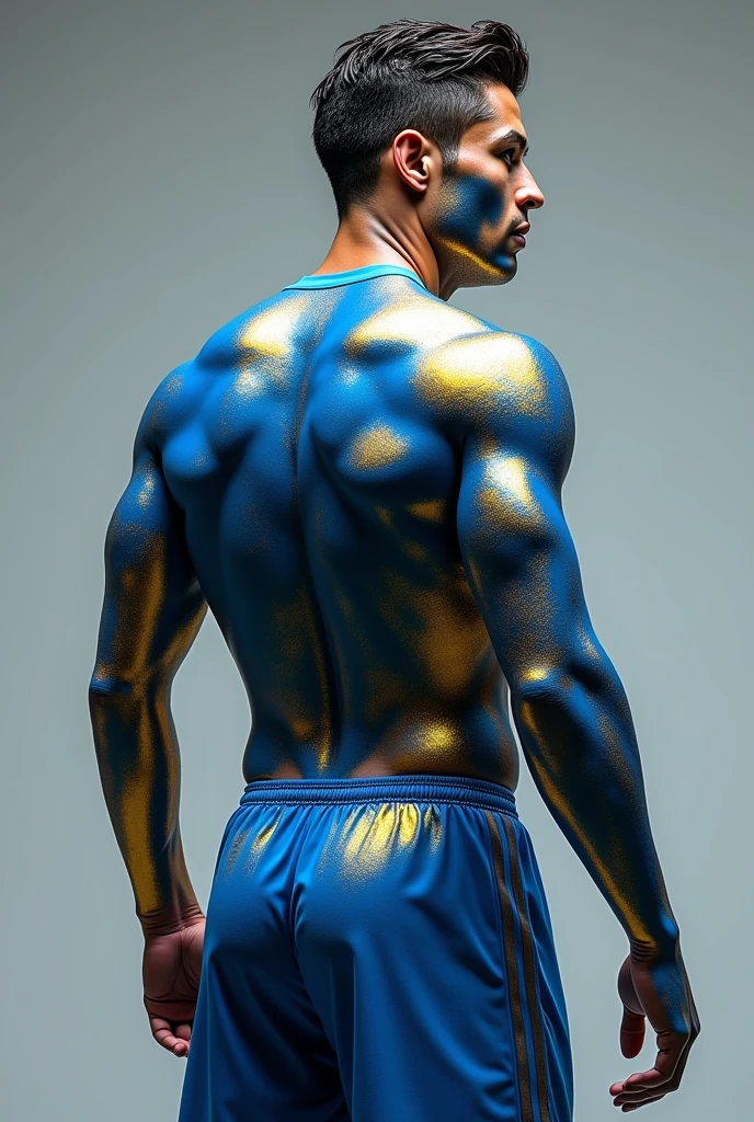dynamic pose ((muscle man , abs , 20 years old , big bulge , ginger , oil , freckles , short hair , Brown eyes , hair chest , wearing a thong in latex plastic)) in white background (iridescent , lights , stars lights , flashes of light , white butterflys , flowers , glitter) plane 3/4 , Full length portrait , 8k , high definition , perfect detail , photo