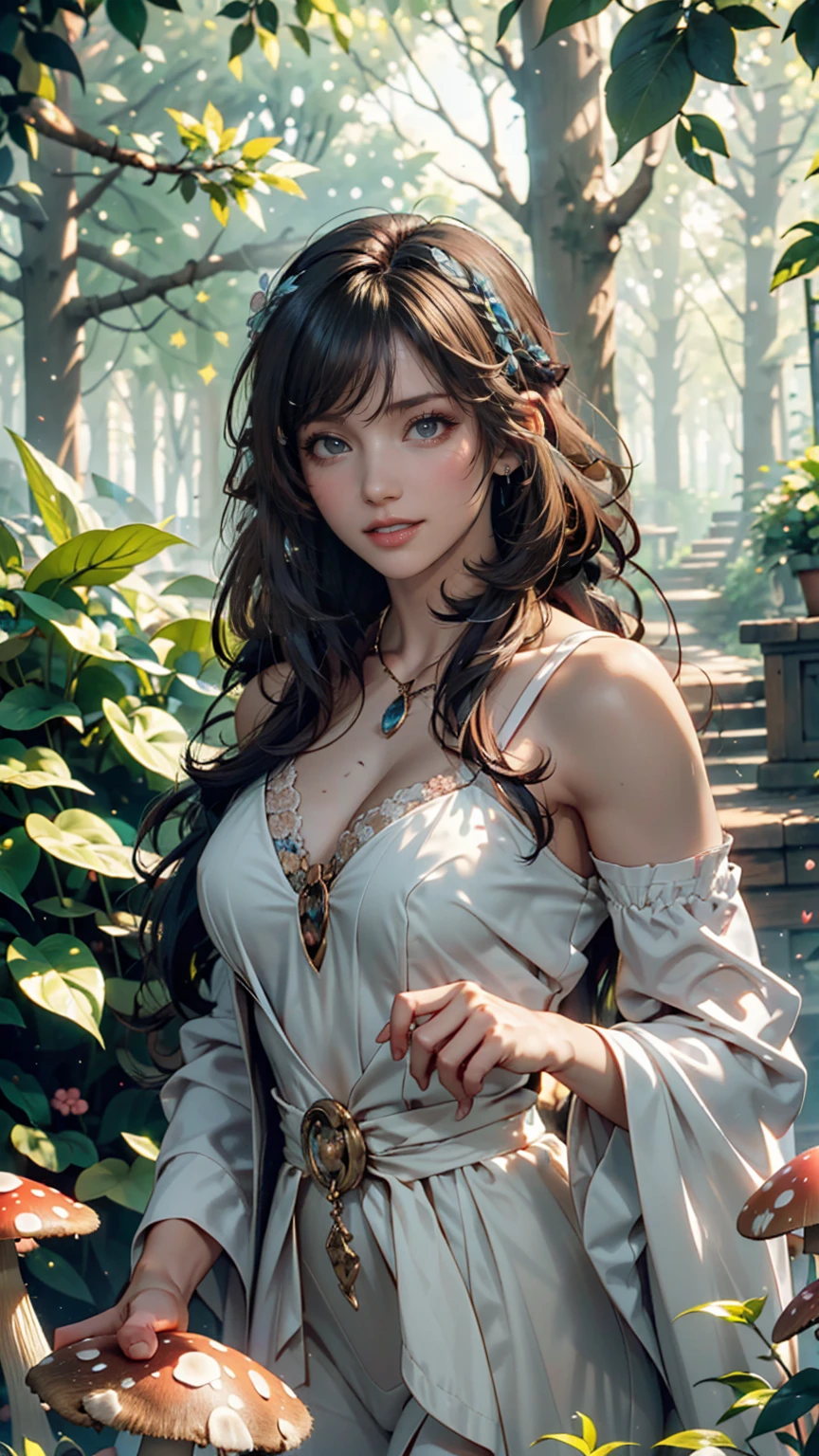 masterpiece, highest quality, figure, colorful, landscape, fantasy, forest, 1 girl, girly, face focus, skinny, bare shoulders, clavicle, Detailed black long hair, gray eyes, Holy Smile , wreath, white dress, holy light, forest, sea of trees, flowers, sitting on the ground、Two-dimensional beautiful girl、perfect beauty、perfect proportions、big breasts、The cutest in the world、facing forward、looking at the viewer