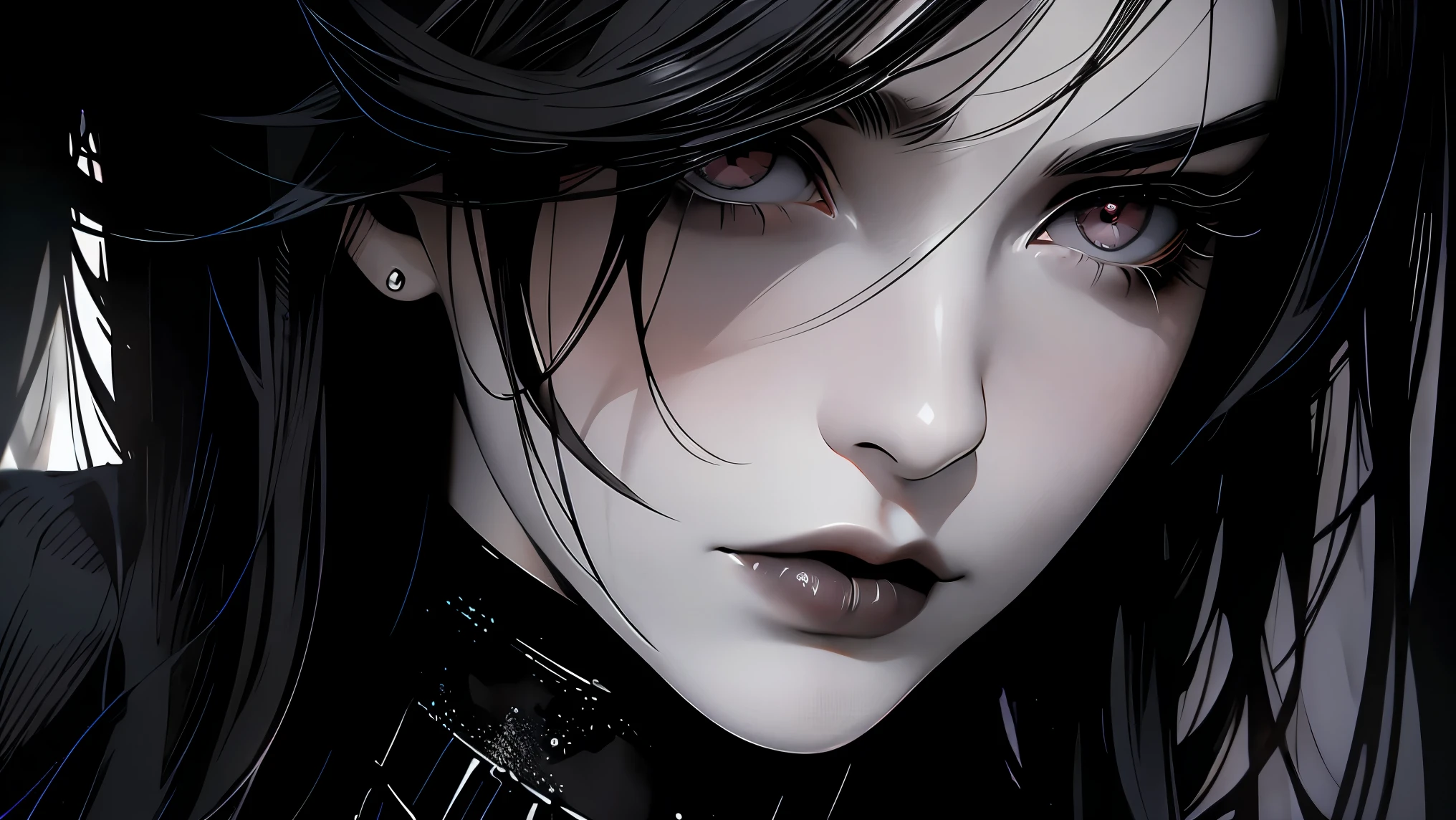 v5lcn style,ink art,(Best Quality,masutepiece:1.2),(black and white comic core:1.1),(extreme high contrast),Dark ink,1girl in,A dark-haired,Shadow on face、8K,resolution,High School Girl,Sailor Uniform,