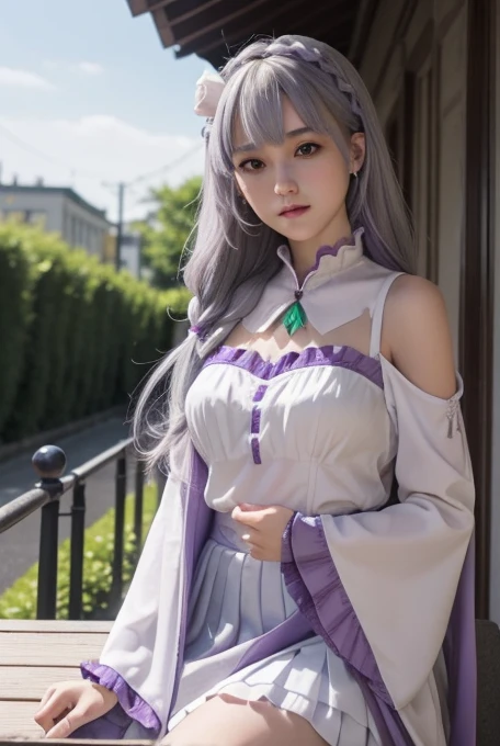 Lezero Emilia, Emilia, Braiding, Crown Braiding, flower, Hair Flower, hair ornaments, ヘアribbon, Long Hair, Pointed Ears, (Purple eyes:1.2), Gray Hair, X hair ornaments,
Break Detach Color, Removable sleeves, Frills袖, Frills, Long sleeve, ミニskirt, プリーツskirt, ribbon, skirt, Thighs Thighs Thighs Thighs, 白いskirt, White sleeves, White knee-high, Wide sleeves, zettai ryouiki,
break outdoors, city,
break looking at viewer, break (Tabletop:1.2), Highest quality, High resolution, unity 8k wallpaper, (figure:0.8), (Beautiful attention to detail:1.6), Highly detailed face, Perfect lighting, Highly detailed CG, (Perfect hands, Perfect Anatomy),Cleavage