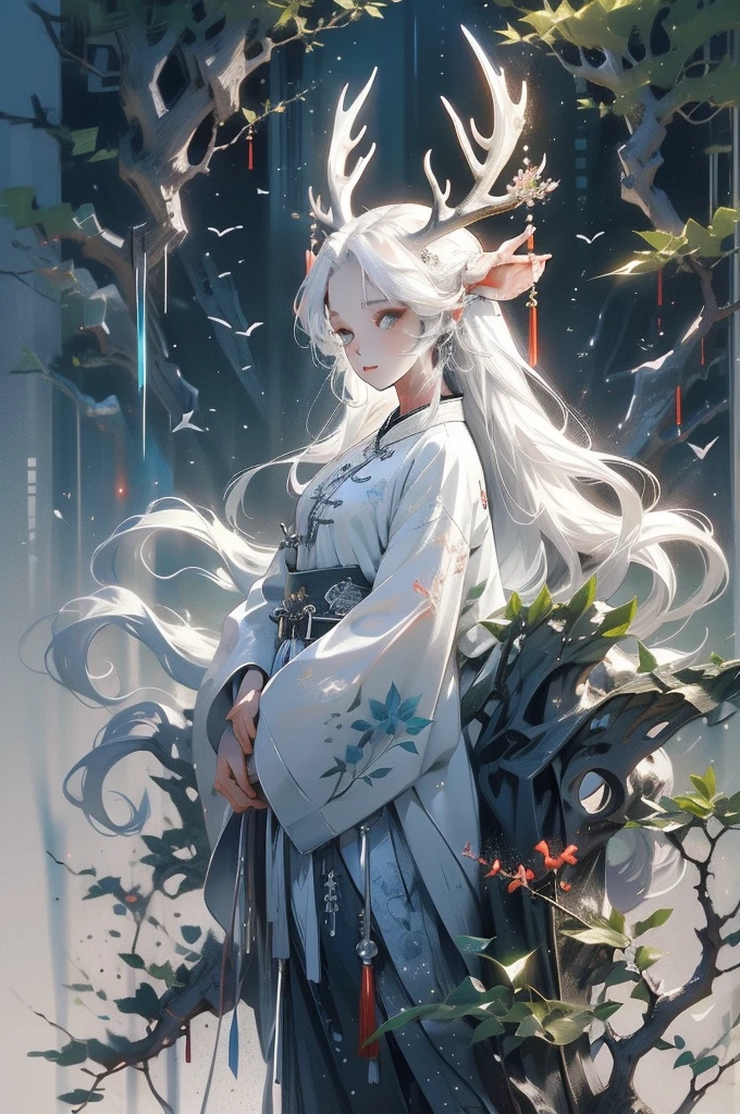 1girll,Chinese clothing,flower,Masterpiece,Best quality,Ultra-detailed,deers,White hair,White clothes,water,Moon,deers,