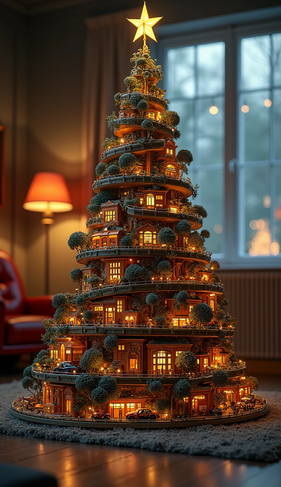 a Christmas tree with different layers made out of a city diorama, cinematic lighting, with lights all over, living room background