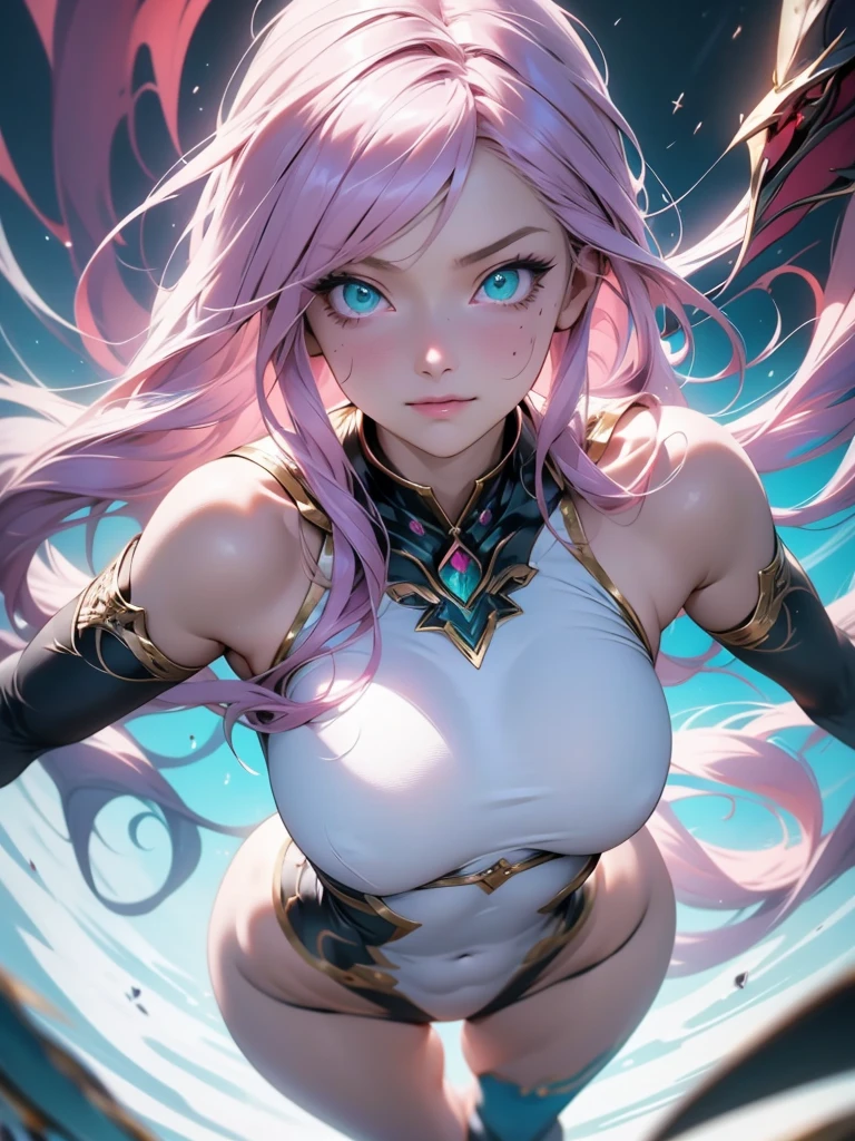 seraphine1, league of legends, nsfw, pink hair, queen, big boobs, cleavage, digital illustration, vibrant colors, soft lighting, perfect face, absurdres, ultrasharp, 8K, long hair, hime cut, samuri, ninja, katana, half mask, glowing effects, slashing pose, sword pose
