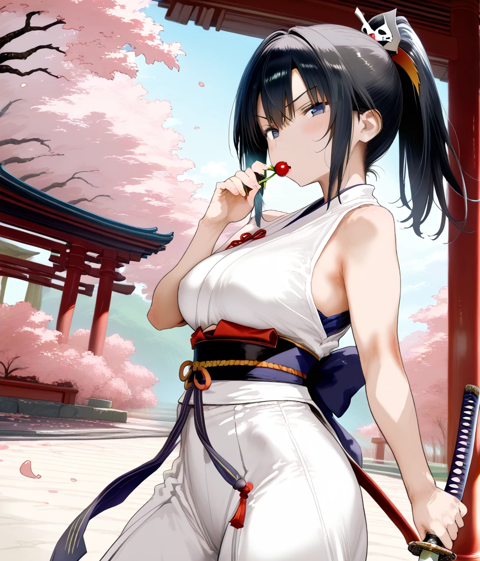 score_9, score_8_up, score_7_up, Japanese girl with black hair ponytail、 Standing 、whole body、 cosplay as a samurai 、 slender body 、 closing her mouth with a serious expression 、Big Breasts、Focus on her face 、 samurai costume based on white 、 holding a Japanese sword in her hand 、Sword Drawing Technique、 camera angle from the front 、The background is a Japanese temple 、 scenery with cherry blossom petals dancing、正面からwhole bodyを捉え、 and look at the camera 、 to express an attractive composition that emphasizes visual impact and familiarity {x}、