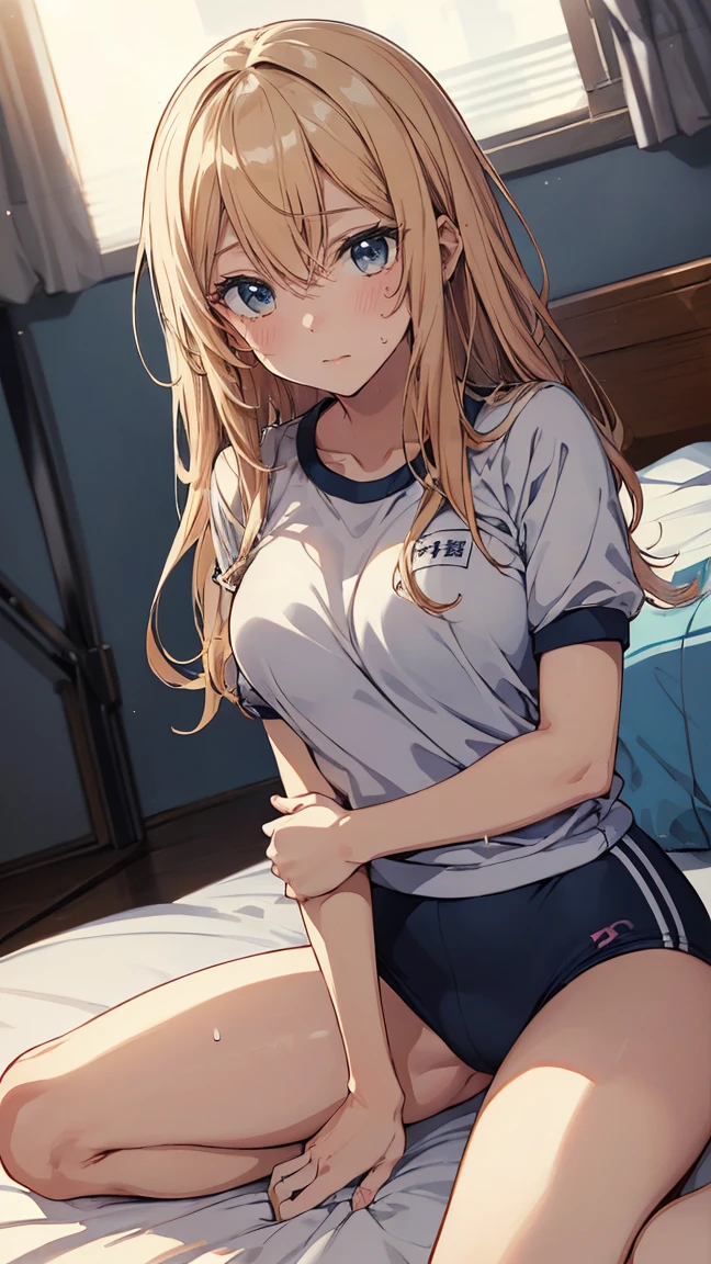 ((masterpiece)), ((high resolution)), ((best quality)), (ultra-detailed), anime, ((kawaii)), cute, (lovely), ((extremely detailed)), best quality, dynamic angle, (beautiful), 2 cute girls, buruma, gym uniform, on the bed, embarrassed face, sweating,