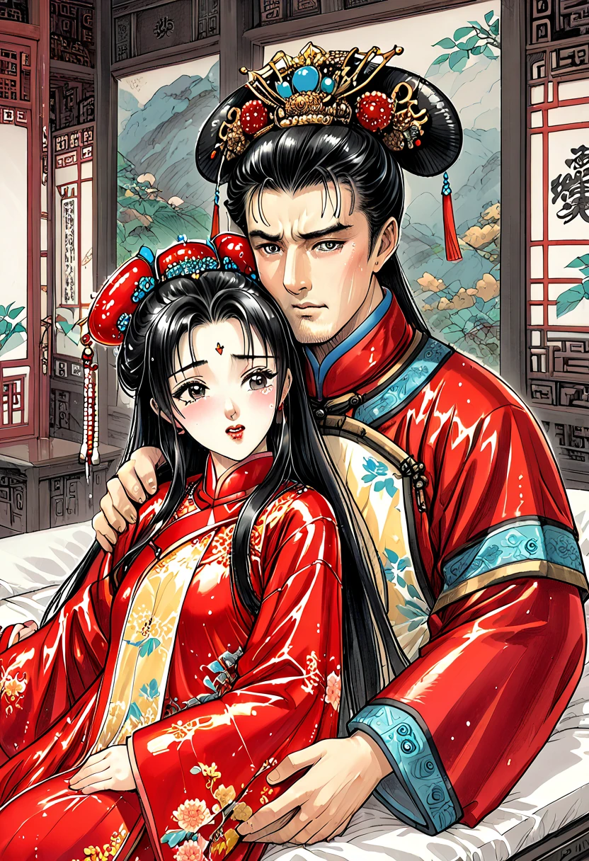  Ancient China　Princess with long black hair　　 blushing while crying 　　 forced to have sex with the old emperor 　 wearing a super shiny red long-sleeved raincoat and Chinese clothes ,  he is forced to shove his penis in his crotch on a futon.　loss of virginity crisis 　