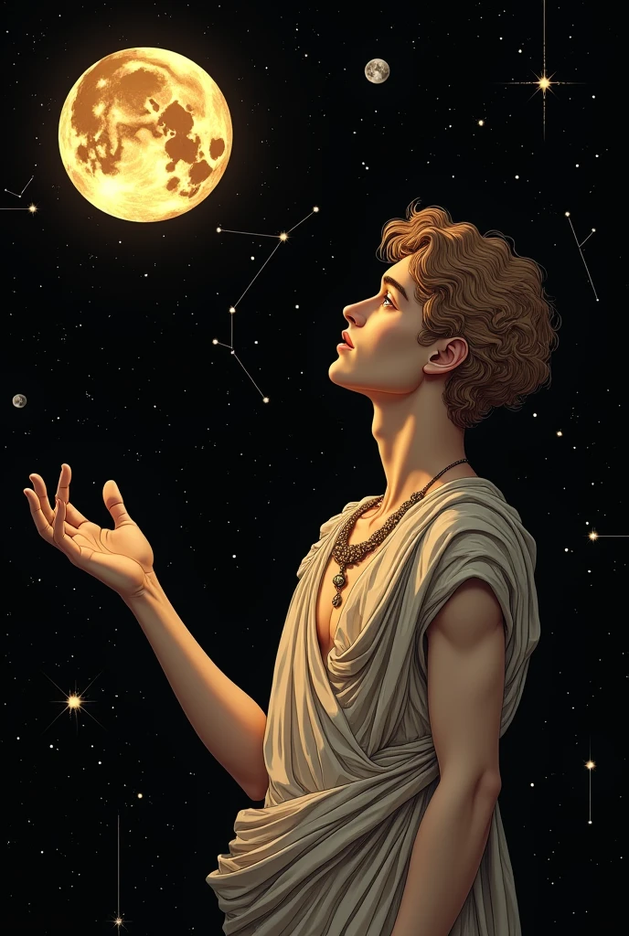 Young guy Hypnos, sleeping at the marble pedestal among black clouds and stars