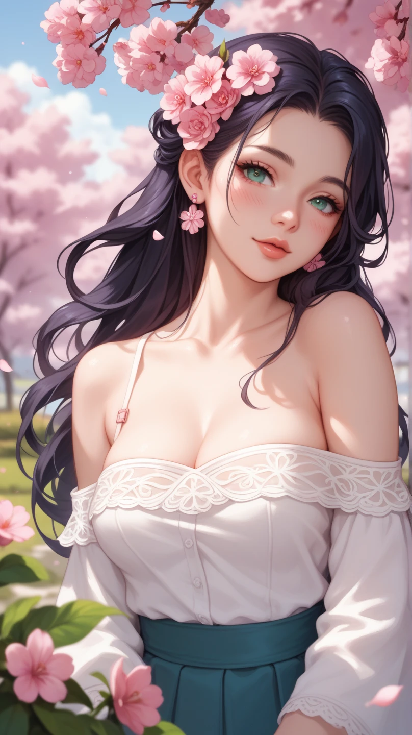 A beautiful black-haired woman transformed into a cherry blossom fairy