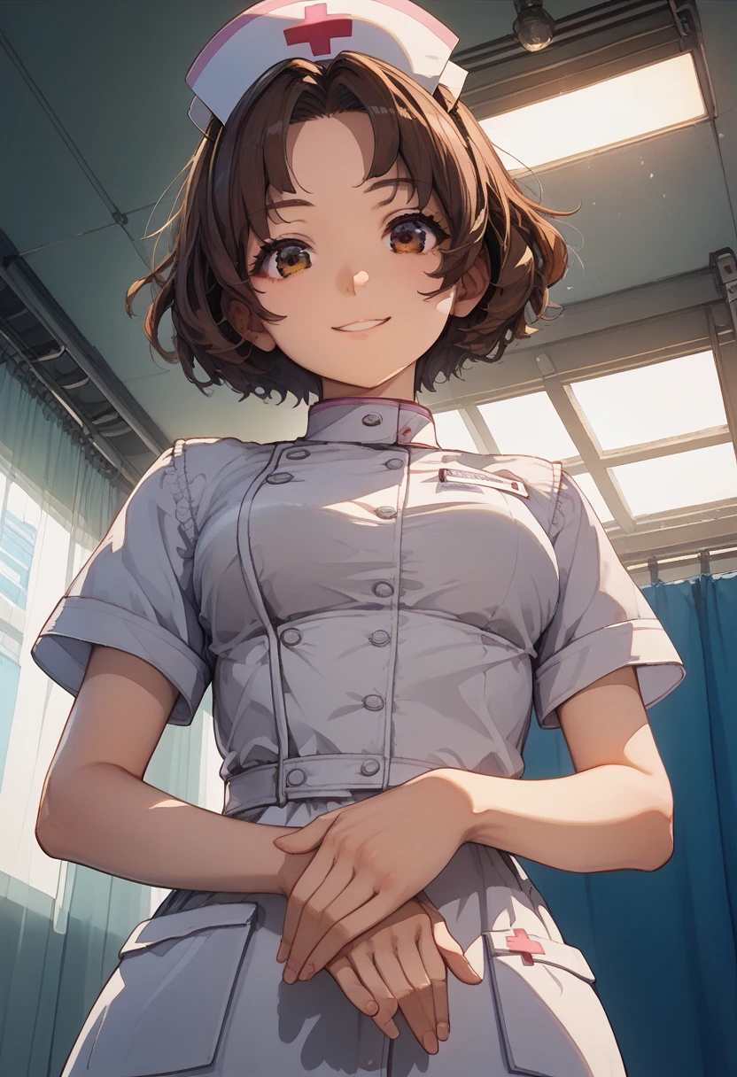 (score_9, score_8_up, score_7_up,source_anime,masterpiece:1.3),(intricate and detailed:1.2),vector-artstyle,best quality,Fine hair,intricate illustration ,ultra-detailed animation,1girl,Look At Viewer,faint smile,Provoke,Brown Hair,Messy Tip Hairstyle,okumura haru,(Ao Dai:1.2),(nurse:1.3),(Bodysuits:0.8),(face seen through breasts:1.1),(sway back,arched back:1.2),own hands near waist,pov,hands focus,from below,ceiling,Dynamic angle