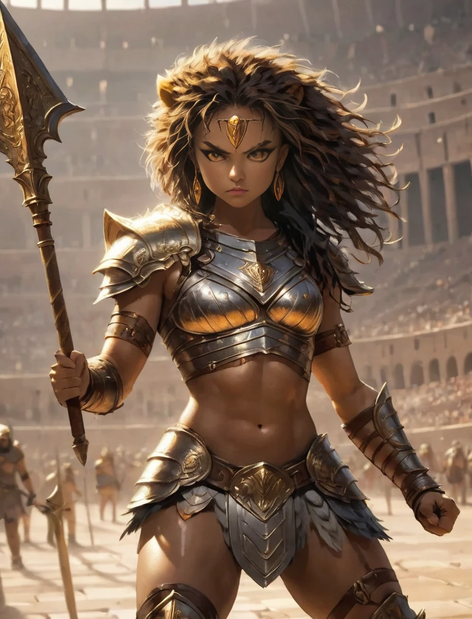 thetridentV1, (masterpiece, best quality, ultra detailed, best shadow), (detailed background, dark fantasy), (detailed human head of golden king), 1 girl, best quality, cinematic lighting, mix of human warrior and lion, best quality face, dirty, aggressive, lots of body hair and scars, abdominal muscles, armor, brown skin, strong, warrior pose, determined expression, leather belt, arm guards, leg guards, holding a spear, colosseum background, muscular, yellow eyes, short tail, ancient warrior, feline features, lots of body hair and scars, big hands, from Tim Burton movies. (gladiator). lion ears, earrings.