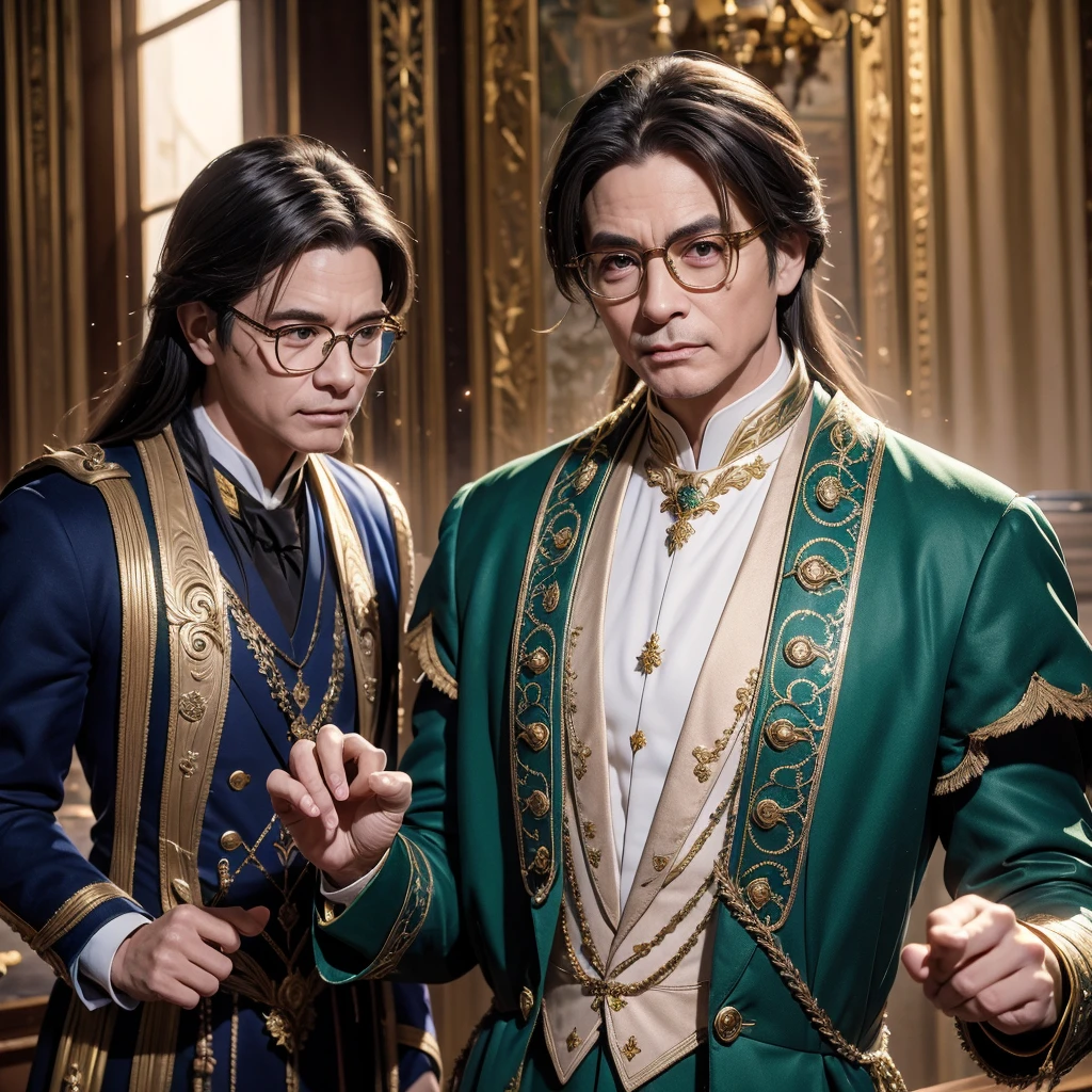 (( top quality)), ((masterpiece)), (  Details), male、 has silver side tails、glasses、Minister with emerald eyes 、 has a quill in his hand 。Wearing green clothing。Ruffles on the neck。