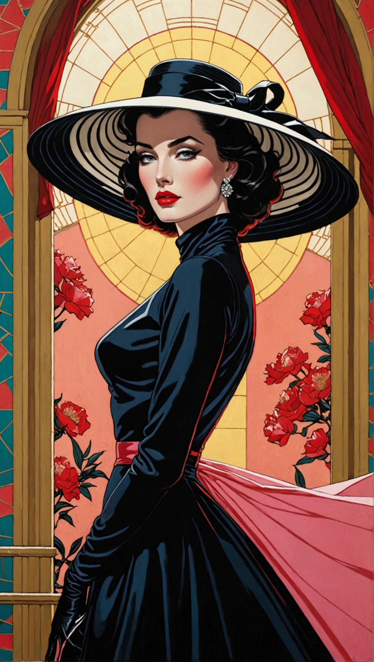 Create a stunning masterpiece depicting a woman in 1950s style, wearing a flowing, very long dress that exudes a dreamy and magical aura. She should have glamorous makeup, including striking red lipstick, and wear a wide-brimmed black hat. The character should embody an ethereal quality reminiscent of Lady Dimitrescu, with a pale complexion that contrasts against a soft colorful background. 

The artwork should reflect the distinctive style of Patrick Nagel, showcasing beautiful, highly detailed painting techniques. Pay special attention to the intricate slopes of the dress, the detailed features of her face, and the captivating depth of her eyes. Capture the essence of a modest model shoot with professional photography quality, blending elements of synthwave and androgyny. The final image should be in 8K resolution, conveying high quality and award-winning artistry, with a focus on short hair that adds to her unique charm.