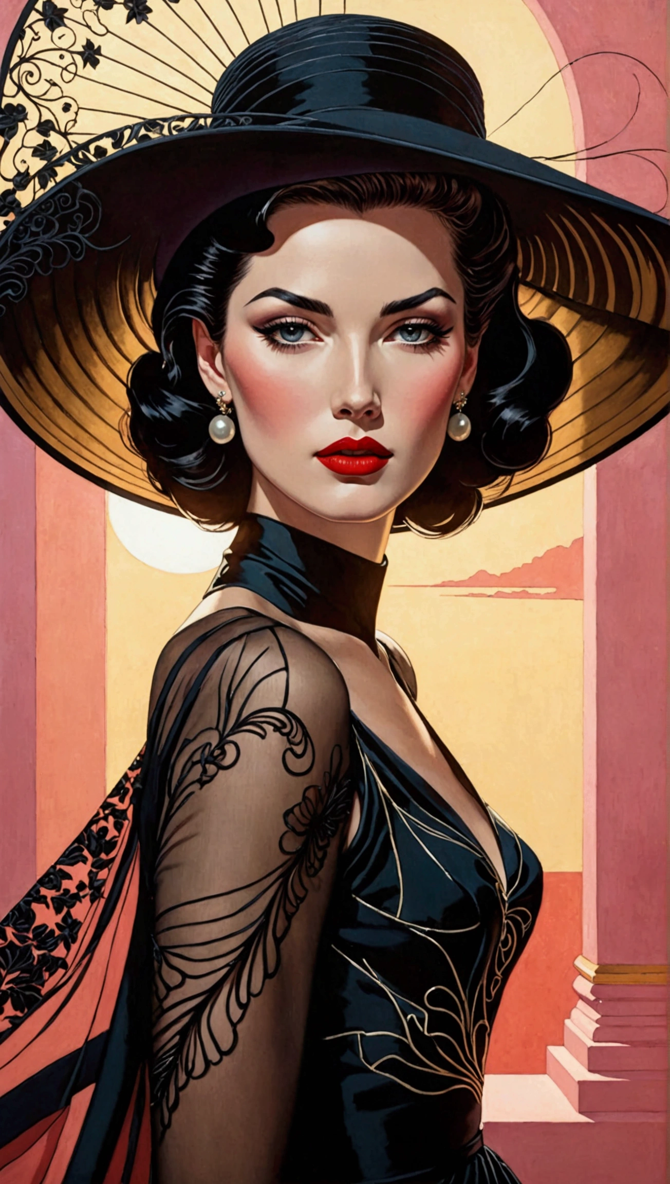 Create a stunning masterpiece depicting a woman in 1950s style, wearing a flowing, very long dress that exudes a dreamy and magical aura. She should have glamorous makeup, including striking red lipstick, and wear a wide-brimmed black hat. The character should embody an ethereal quality reminiscent of Lady Dimitrescu, with a pale complexion that contrasts against a soft colorful background. 

The artwork should reflect the distinctive style of Patrick Nagel, showcasing beautiful, highly detailed painting techniques. Pay special attention to the intricate slopes of the dress, the detailed features of her face, and the captivating depth of her eyes. Capture the essence of a modest model shoot with professional photography quality, blending elements of synthwave and androgyny. The final image should be in 8K resolution, conveying high quality and award-winning artistry, with a focus on short hair that adds to her unique charm.