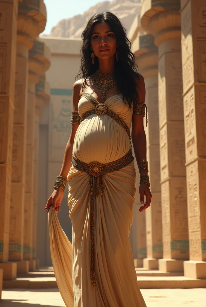 Akivasha, reine d'Égypte, Femme mature très enceinte, avec une peau de serpent, un corps très sexy , corps maternelle, a l'Égypte antique, a une grosse poitrine, dans un temple égyptien, porte une robe rouge et maron couleur sable, moule le corps, vêtements transparent, femme avec de long cheveux noirs orné de nombreux bijoux, très enceintes, sa poitrine est gonflé par du lait, a des crochets de serpent visible, elle sourit, avec des yeux doré a pupilles reptilienne, une femme serpent