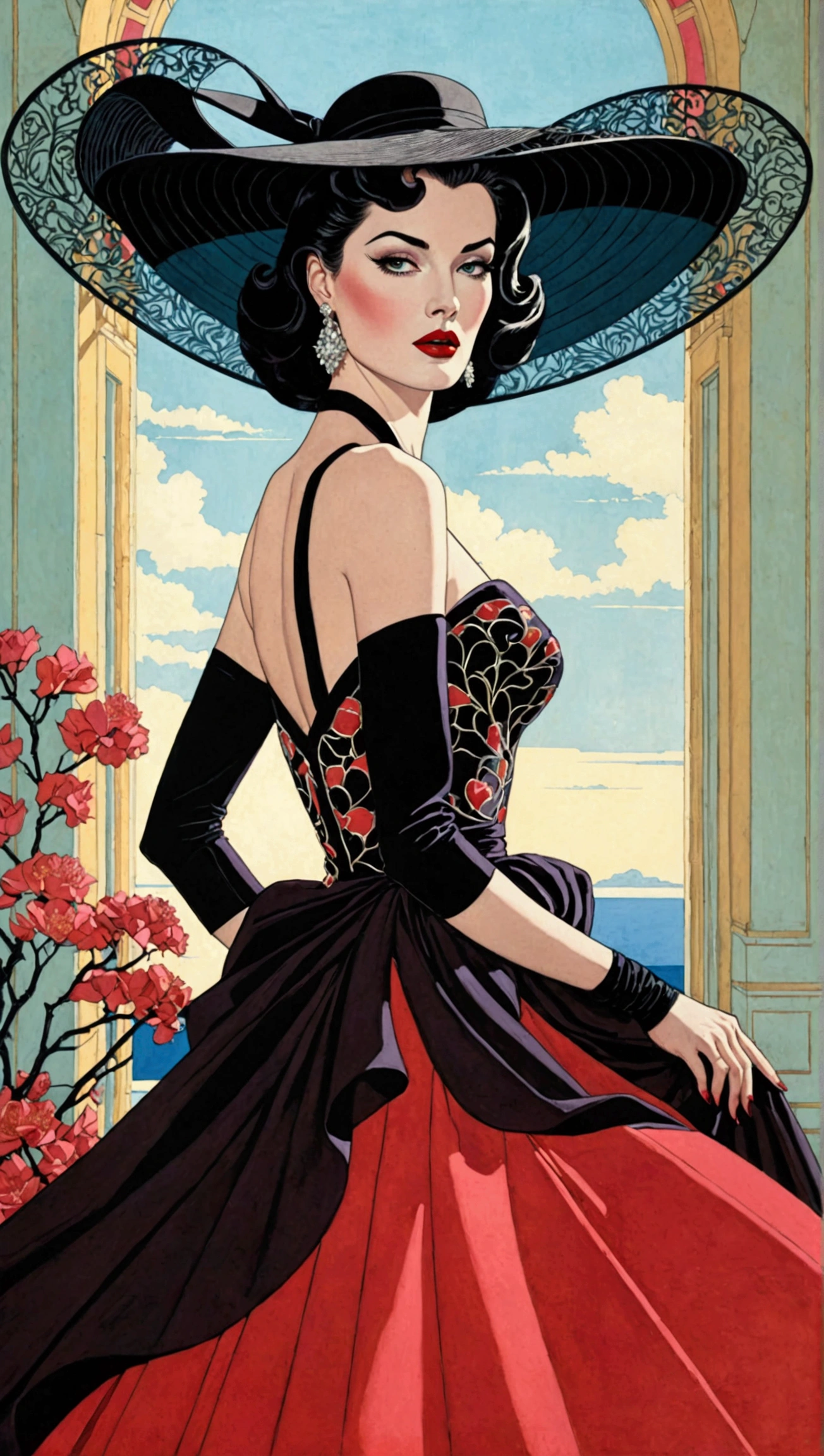 Create a stunning masterpiece depicting a woman in 1950s style, wearing a flowing, very long dress that exudes a dreamy and magical aura. She should have glamorous makeup, including striking red lipstick, and wear a wide-brimmed black hat. The character should embody an ethereal quality reminiscent of Lady Dimitrescu, with a pale complexion that contrasts against a soft colorful background. 

The artwork should reflect the distinctive style of Patrick Nagel, showcasing beautiful, highly detailed painting techniques. Pay special attention to the intricate slopes of the dress, the detailed features of her face, and the captivating depth of her eyes. Capture the essence of a modest model shoot with professional photography quality, blending elements of synthwave and androgyny. The final image should be in 8K resolution, conveying high quality and award-winning artistry, with a focus on short hair that adds to her unique charm.