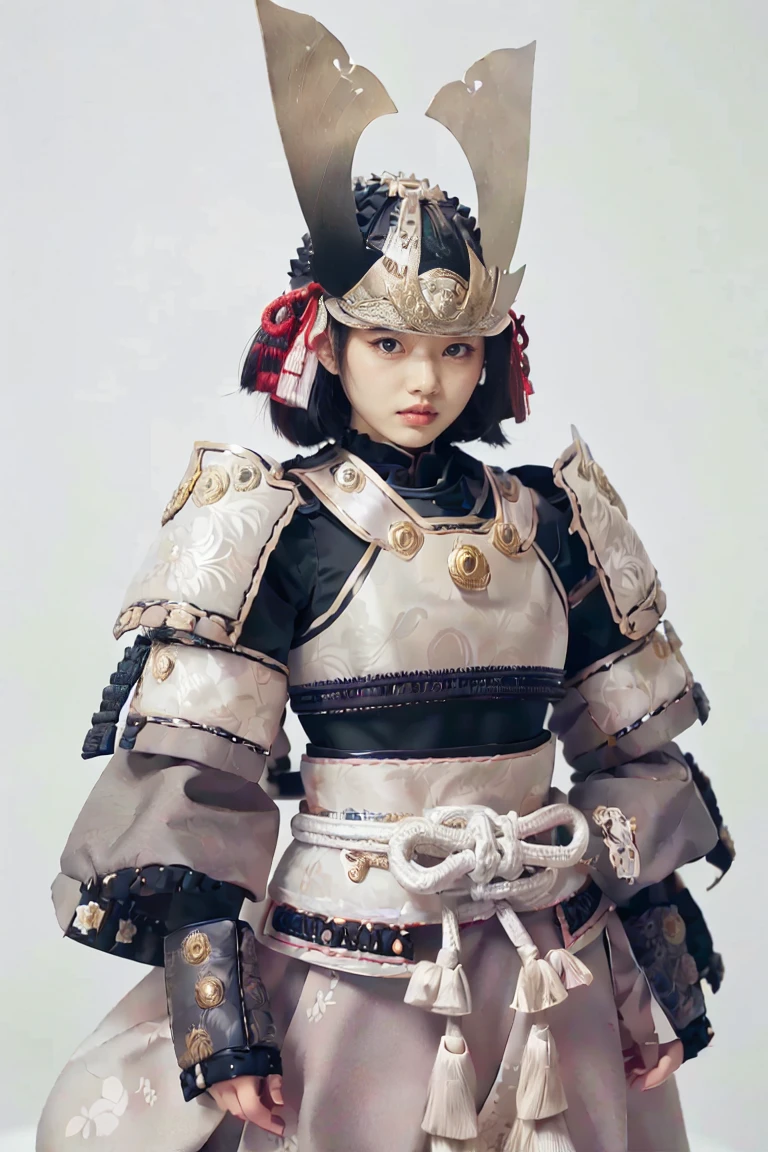 A hyper-realistic, highly detailed, and high-resolution (16k) image of a striking samurai standing confidently, facing forward. The samurai is adorned in a vibrant and colorful Japanese armor (yoroi), with a focus on traditional craftsmanship and contemporary artistic flair. 

Key details include:
- The armor is predominantly made of tightly woven silk threads (縅, odoshi), - The color palette is monochromatic with gradients of black, gray, and silver, accented by subtle glowing edges and intricate engravings.
- The kabuto (helmet) is bold and dramatic, with a maedate (Spade shaped, crest) extending twice the size of the samurai's face. The crest features a polished, metallic finish with intricate patterns and a radiant shine.
- Patterns inspired by traditional Japanese motifs, such as cherry blossoms, chrysanthemums, cranes, and waves, are delicately embedded into the armor’s plates and panels, emphasizing the elegance and cultural heritage.
- The armor is highly polished, with a glossy finish that reflects light, enhancing the vibrant colors and creating a sense of depth and luxury.
- The kusazuri (tassets), haidate (thigh guards), and sode (shoulder guards) are adorned with intricate designs, blending traditional Japanese aesthetics with modern pop-art influences.

The background is minimalist and pure white, ensuring the vibrant armor and intricate details remain the focal point. Studio-quality lighting highlights the glossy textures and the shimmering, silk-thread gradients, bringing out the beauty and craftsmanship of the armor. The overall composition exudes a fusion of traditional Japanese elegance, pop art vibrancy, and the modern artistic touch of AI-generated perfection.
