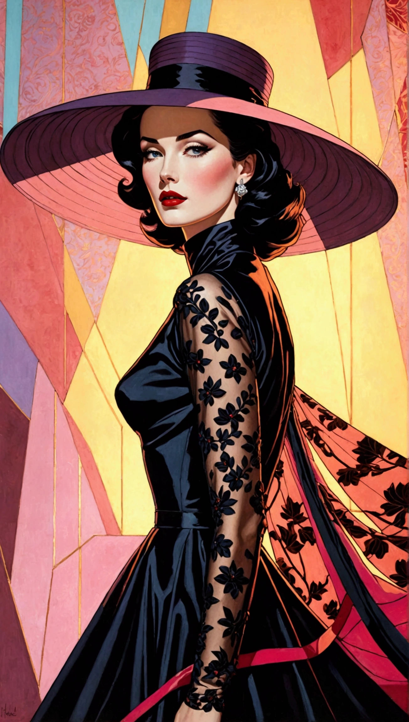 Create a stunning masterpiece depicting a woman in 1950s style, wearing a flowing, very long dress that exudes a dreamy and magical aura. She should have glamorous makeup, including striking red lipstick, and wear a wide-brimmed black hat. The character should embody an ethereal quality reminiscent of Lady Dimitrescu, with a pale complexion that contrasts against a soft colorful background. 

The artwork should reflect the distinctive style of Patrick Nagel, showcasing beautiful, highly detailed painting techniques. Pay special attention to the intricate slopes of the dress, the detailed features of her face, and the captivating depth of her eyes. Capture the essence of a modest model shoot with professional photography quality, blending elements of synthwave and androgyny. The final image should be in 8K resolution, conveying high quality and award-winning artistry, with a focus on short hair that adds to her unique charm.