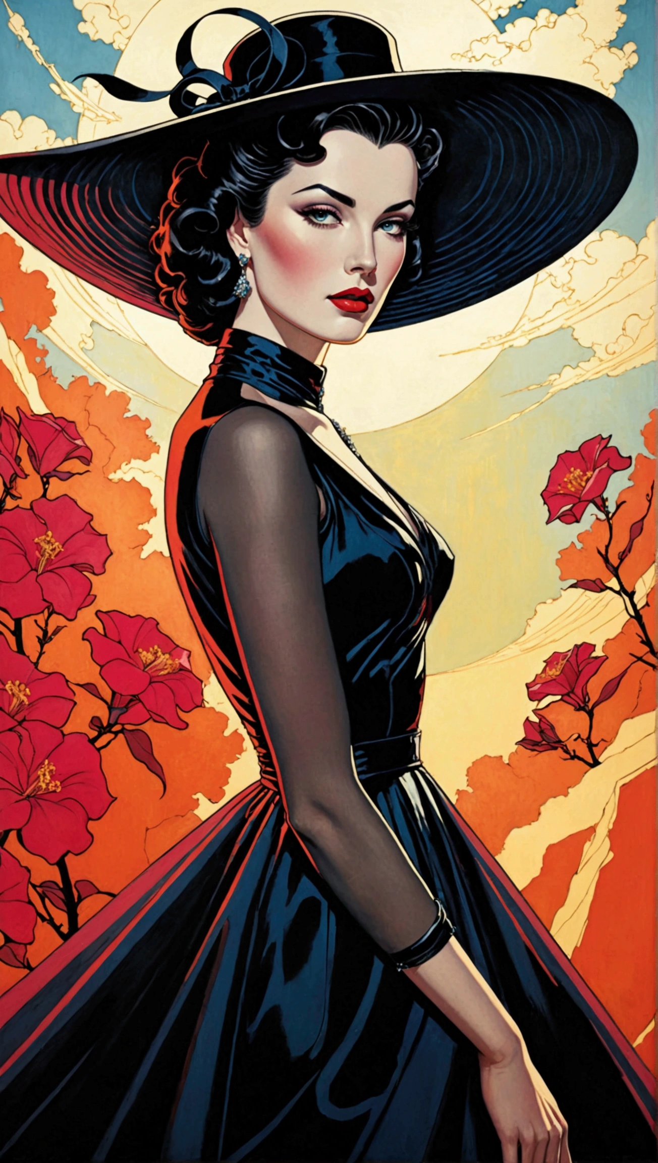 Create a stunning masterpiece depicting a woman in 1950s style, wearing a flowing, very long dress that exudes a dreamy and magical aura. She should have glamorous makeup, including striking red lipstick, and wear a wide-brimmed black hat. The character should embody an ethereal quality reminiscent of Lady Dimitrescu, with a pale complexion that contrasts against a soft colorful background. 

The artwork should reflect the distinctive style of Patrick Nagel, showcasing beautiful, highly detailed painting techniques. Pay special attention to the intricate slopes of the dress, the detailed features of her face, and the captivating depth of her eyes. Capture the essence of a modest model shoot with professional photography quality, blending elements of synthwave and androgyny. The final image should be in 8K resolution, conveying high quality and award-winning artistry, with a focus on short hair that adds to her unique charm.