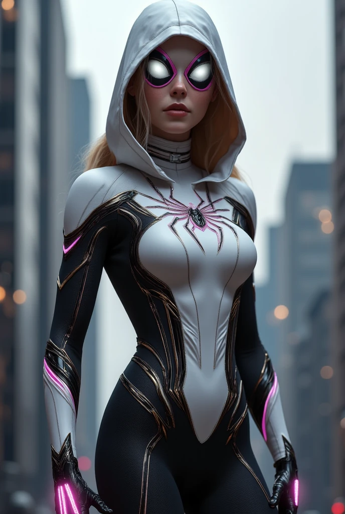 Spider-Gwen (Gwendolyn Maxine Stacy), full-body portrait, front view, standing pose, realistic style, as if taken from a professional photograph. She wears her iconic Spider-Gwen costume, primarily white and black in color. The suit features smooth white fabric on the torso and hood, with black spider-web designs stretching across her waist and hips. Her arms and legs are black, with a striking white spider logo on her chest. The hood is pulled up, framing her face, with her mask's large white eyes subtly glowing. The suit has pink and light blue accents along the edges, especially around the wrists and ankles, adding a dynamic, futuristic feel. She stands with her legs straight, both arms naturally hanging by her sides, with a composed and confident heroic stance. The background can be a blurred cityscape, with soft lighting and delicate shadows that highlight the details of her costume and face, giving the image a cinematic, lifelike quality