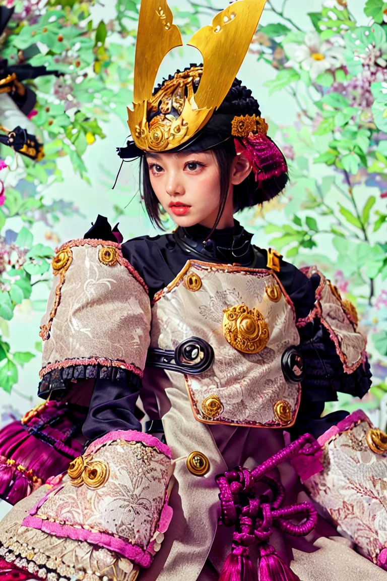 A hyper-realistic, highly detailed, and high-resolution (16k) image of a striking samurai standing confidently, facing forward. The samurai is adorned in a vibrant and colorful Japanese armor (yoroi), with a focus on traditional craftsmanship and contemporary artistic flair. 

Key details include:
- The armor is predominantly made of tightly woven silk threads (縅, odoshi), - The color palette is monochromatic with gradients of black, gray, and silver, accented by subtle glowing edges and intricate engravings.
- The kabuto (helmet) is bold and dramatic, with a maedate (Spade shaped, crest) extending twice the size of the samurai's face. The crest features a polished, metallic finish with intricate patterns and a radiant shine.
- Patterns inspired by traditional Japanese motifs, such as cherry blossoms, chrysanthemums, cranes, and waves, are delicately embedded into the armor’s plates and panels, emphasizing the elegance and cultural heritage.
- The armor is highly polished, with a glossy finish that reflects light, enhancing the vibrant colors and creating a sense of depth and luxury.
- The kusazuri (tassets), haidate (thigh guards), and sode (shoulder guards) are adorned with intricate designs, blending traditional Japanese aesthetics with modern pop-art influences.

The background is minimalist and pure white, ensuring the vibrant armor and intricate details remain the focal point. Studio-quality lighting highlights the glossy textures and the shimmering, silk-thread gradients, bringing out the beauty and craftsmanship of the armor. The overall composition exudes a fusion of traditional Japanese elegance, pop art vibrancy, and the modern artistic touch of AI-generated perfection.
