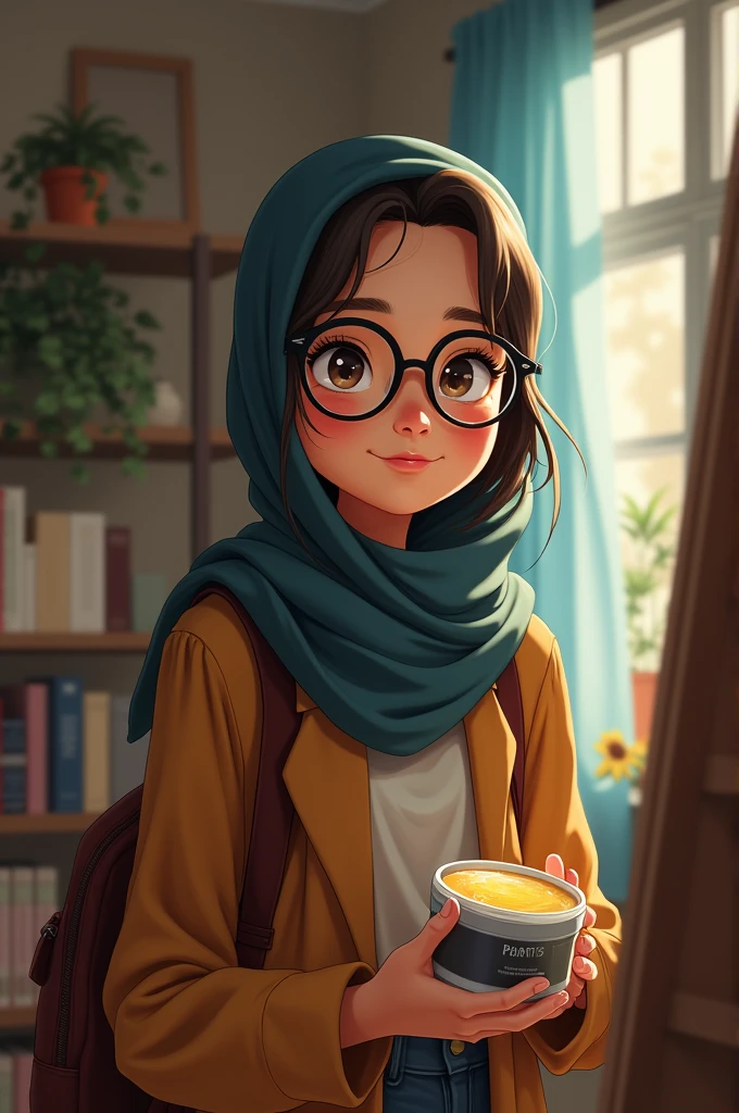 An anime-style girl wearing a hijab that covers down to her chest, with glasses, is reading a book at a book café, with a cup of coffee on the table.