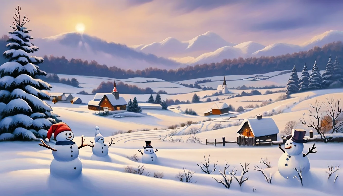 snow field, 1 snowman, Christmas, scenery,