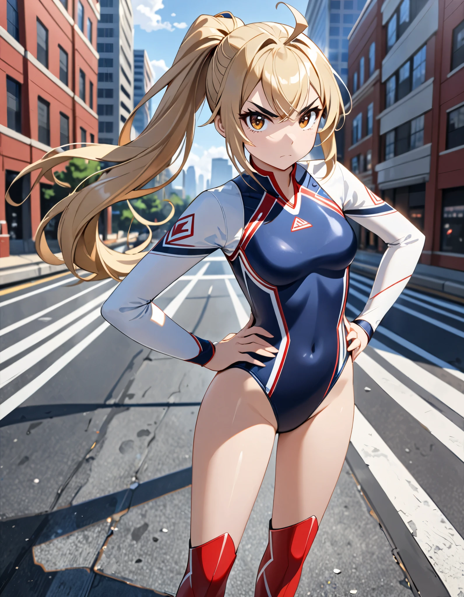 (masterpiece), (best quality), (high res), highly detailed, professional, 1girl, (solo, solo focus), wonder, superhero, anime style, serious, v-shaped eyebrows, perfect hands, complete fingers, (white elastic sleeves:1.4, leotard, navy blue leotard, competition swimsuit), bare legs, blonde hair, ahoge, medium breasts, brown eyes, beautiful detailed eyes, cute eyes, cute face, long hair, looking at viewer, medium breasts, (ponytail:1.2), (red boots, thighhighs), determined, serious, college-age adult female, full body shot. Atlanta street backdrop. Full-body costume design. (hands on hip:1.2), fix hands, standing straight