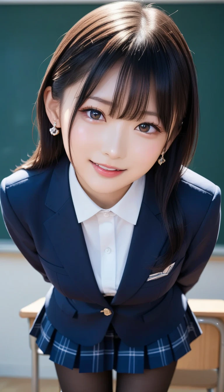 スコア_9, スコア_8_アップ, スコア_7_アップ, sアップer detailed, BREAK A breathtakingly beautiful Japanese woman with long, silky black hair, wearing a modern school uniform with a fitted blazer, short skirt, and tights. She has a radiant smile, stunning facial and eye details, and a confident yet graceful demeanor. She is posing in a classroom setting, leaning forward slightly with her hands placed behind her back, emphasizing her elegant posture. Her figure is curvaceous with a focus on her proportions, and the scene captures her in a dynamic position as she squats or does the splits. The atmosphere includes soft steam or light haze for added depth and realism. Ultra-high-definition, 32K resolution, masterpiece-level detail, Hausmo style.