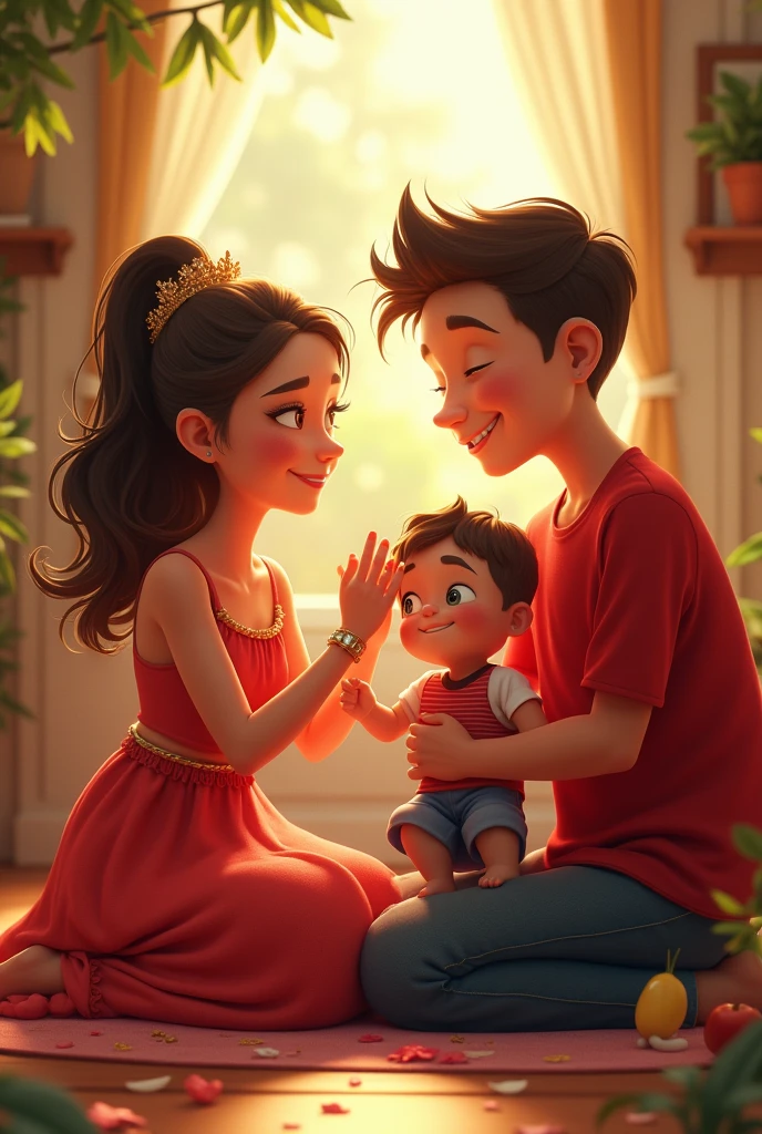 Make a cartoon photo of a mother with her two sons placing a crown on their heads with lots of love 