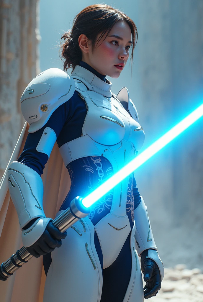 ((exceptional quality)), ((masterpiece)), ((true to reality)), Beautiful enchanted alluring Indonesian female mix from Japanese-Chinese-Indonesian of best traits, age 27, white bright skin, 36-24-36 body ratio, height 176 cm, perfect body, becomes a Japanese warrior, Wearing white leather armor, holding white light saber, detailed clothing, realistic skin texture, ((full body) ), (((Hands and feet are very detailed))), decoration, earrings, intricate details, super realistic, hyper detailed, skin texture, freckles, shiny skin, battle positions, in the background a Japanese battle, insane detail, sharp focus , volumeric lighting, good highlights, good shading, subsurface scattering, intricate, highly detailed, ((cinematic)), Dramatic, ((highest quality, Granted, masterpiece)), (photorealistic), (photography), (Realistic photo), Sony A7 IV, Natural light, 64k, highest definitions,