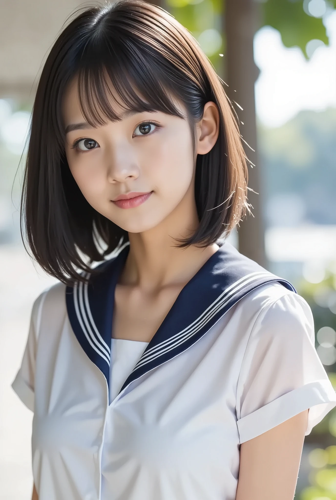 (nsfw: 1.5),(8k,   photorealistic,   RAW photos ,  Max image  : 1.4),    Japanese girl splitting her belly , 18 years old、( Medium Hair )、  smile, Super detailed face  、 attention to detail、  double eyelid  、   sharp concentration:1.2、(Super cute face like a popular idol:1.2),  beautiful woman:1.4、(  black hair)、 top quality、 smaller breasts,  beautiful girl , Beautiful and sexy slim figure,     Masterpiece   、  super high resolution 、(  photorealistic:1.4)、 A beautiful, meticulously crafted  、 プロのライティングで照らされたsmile、( white sailor school uniform、:1.4)、  Please open your mouth slightly、( In the city)