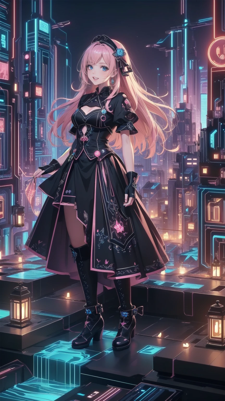 ( masterpiece : 1.2), (  very detailed: 1.2), (  very detailed CG: 1.2), (  high image quality: 1.2), (最  high image quality), 8k,  Animated Illustrations , 、  beautiful girl、とてもcute天使、  pink gothic dress 、cute、*********、smile、  Long Skirt、 Black long boots 、
