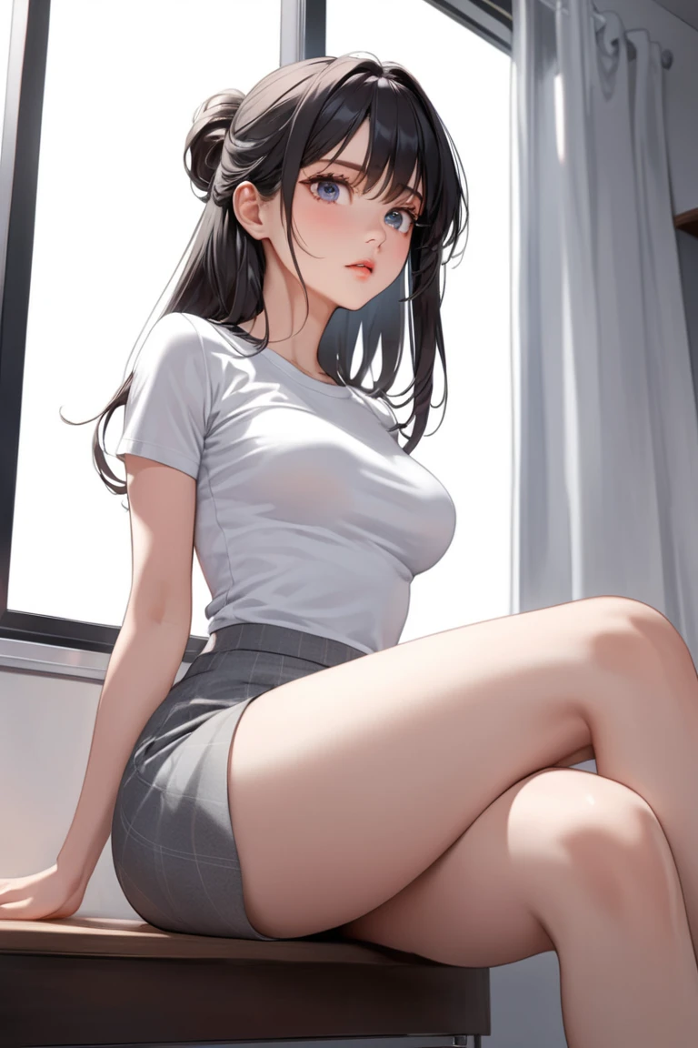 (Super detailed), masterpiece, (Best Quality), Real anime style, Detailed eyes, Detailed face, Detailed hands, Fine hair, One Girl, Black Hair, Long Hair, Half Up, Wife, White tee shirt, tight tee shirt, Grey mini skirt, black pantyhose, pantyhose, (medium Breasts), siitting near the window in the office, sit legs crossed, legs crossed, evening, View here