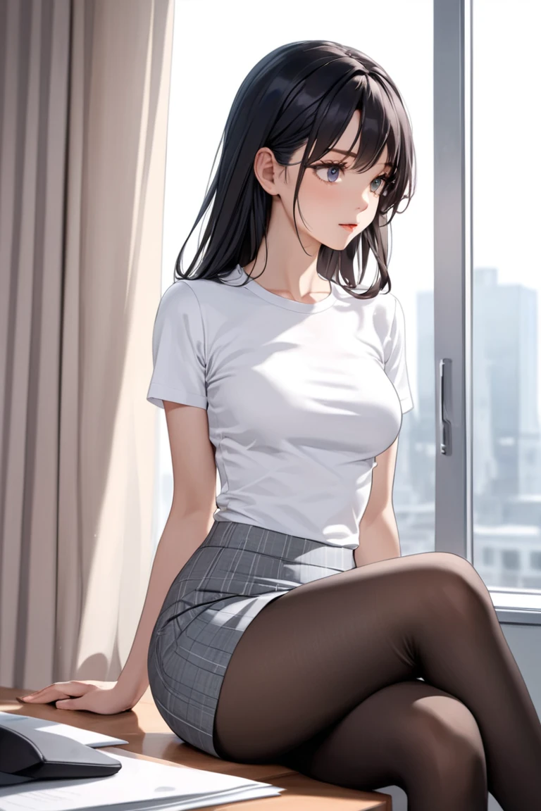 (Super detailed), masterpiece, (Best Quality), Real anime style, Detailed eyes, Detailed face, Detailed hands, Fine hair, One Girl, Black Hair, Long Hair, Half Up, Wife, White tee shirt, tight tee shirt, Grey mini skirt, black pantyhose, pantyhose, (medium Breasts), siitting near the window in the office, sit legs crossed, legs crossed, evening, View here