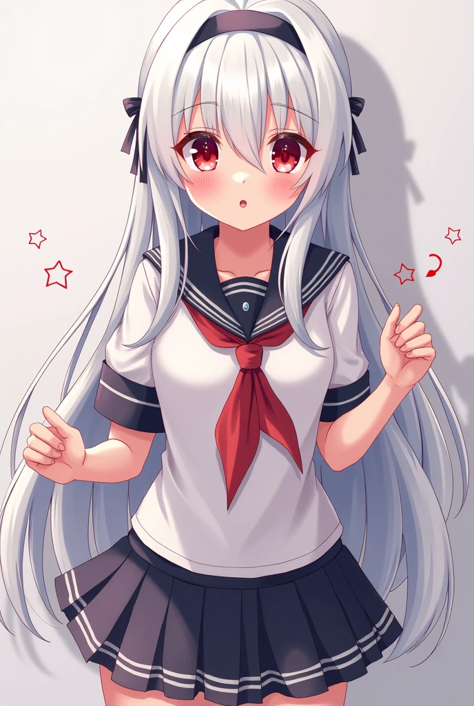 ultra-detailed,(best quality),((masterpiece)),(highres),original,extremely detailed 8K wallpaper,(an extremely delicate and beautiful), anime, \\, BREAK 1girl, long hair, white hair, virtual youtuber, skirt, open mouth, cat ears, black skirt, fang, short sleeves, smile, blush, school uniform, solo, bangs, very long hair, shirt, looking at viewer, white shirt, sailor collar, :d, skin fang, ribbon, red eyes, simple background, serafuku, young girl, ((petite))