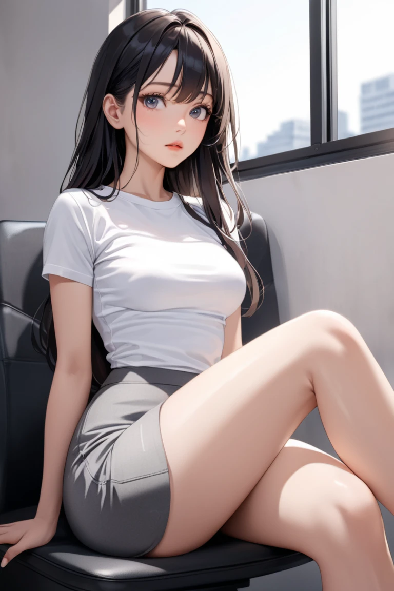 (Super detailed), masterpiece, (Best Quality), Real anime style, Detailed eyes, Detailed face, Detailed hands, Fine hair, One Girl, Black Hair, Long Hair, Half Up, Wife, White tee shirt, tight tee shirt, Grey mini skirt, black pantyhose, pantyhose, thick thighs,  (medium Breasts), siitting near the window in the office, sit legs crossed, legs crossed, evening, View here