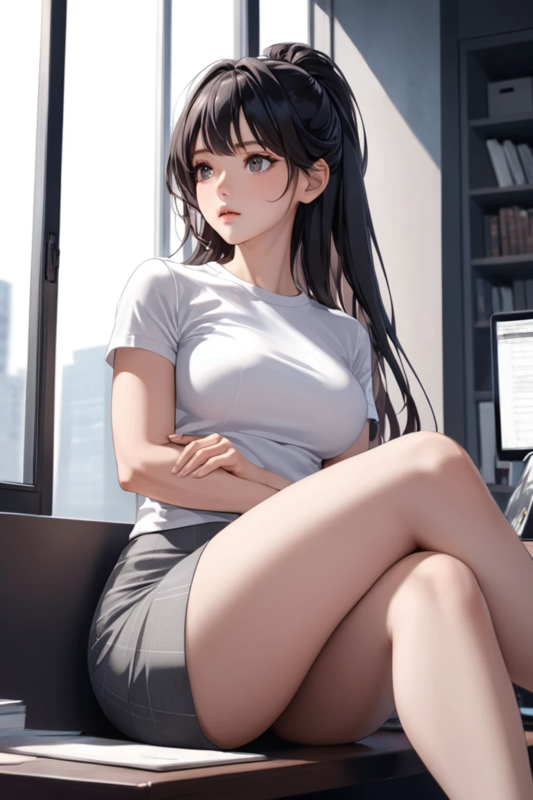 (Super detailed), masterpiece, (Best Quality), Real anime style, Detailed eyes, Detailed face, Detailed hands, Fine hair, One Girl, Black Hair, Long Hair, Half Up, Wife, White tee shirt, tight tee shirt, Grey mini skirt, black pantyhose, pantyhose, thick thighs,  (medium Breasts), siitting near the window in the office, sit legs crossed, legs crossed, evening, View here