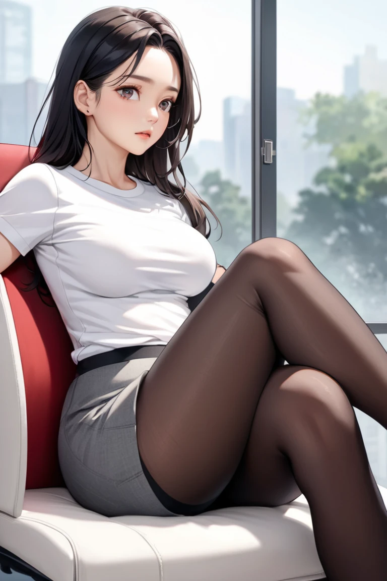 (Super detailed), masterpiece, (Best Quality), Real anime style, Detailed eyes, Detailed face, Detailed hands, Fine hair, One Girl, Black Hair, Long Hair, Half Up, Wife, White tee shirt, tight tee shirt, Grey mini skirt, black pantyhose, pantyhose, thick thighs,  (medium Breasts), siitting near the window in the office, sit legs crossed, legs crossed, evening, View here