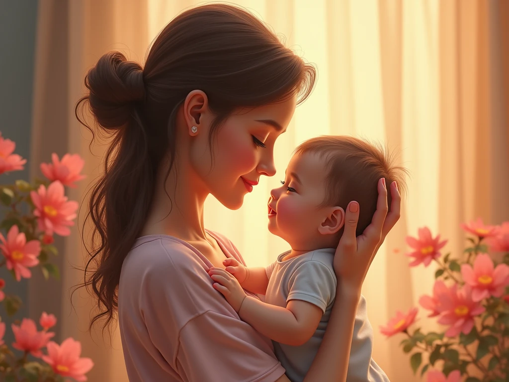 A boy standing with her pretty face Mother
