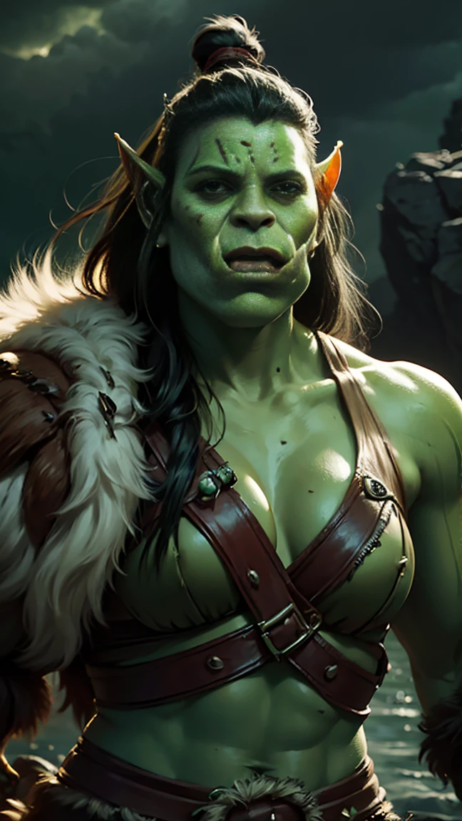 Highly detailed, cinematic, realistic. A Beautiful, fierce and athletic female orc, ((orc girl, barbarian)), ((green skin)), (slight porcine features, and prominent tusks). She has a striking black side-cut hairstyle, rugged barbarian attire, made from leather, furs and straps, backdrop is a rugged wilderness, with jagged rocks and a stormy sky creating a dramatic atmosphere that heightens her imposing aura. Rendered in ultra-high detail, capturing every texture of her skin, tusks, hair, and clothing to deliver a vivid, immersive fantasy composition.